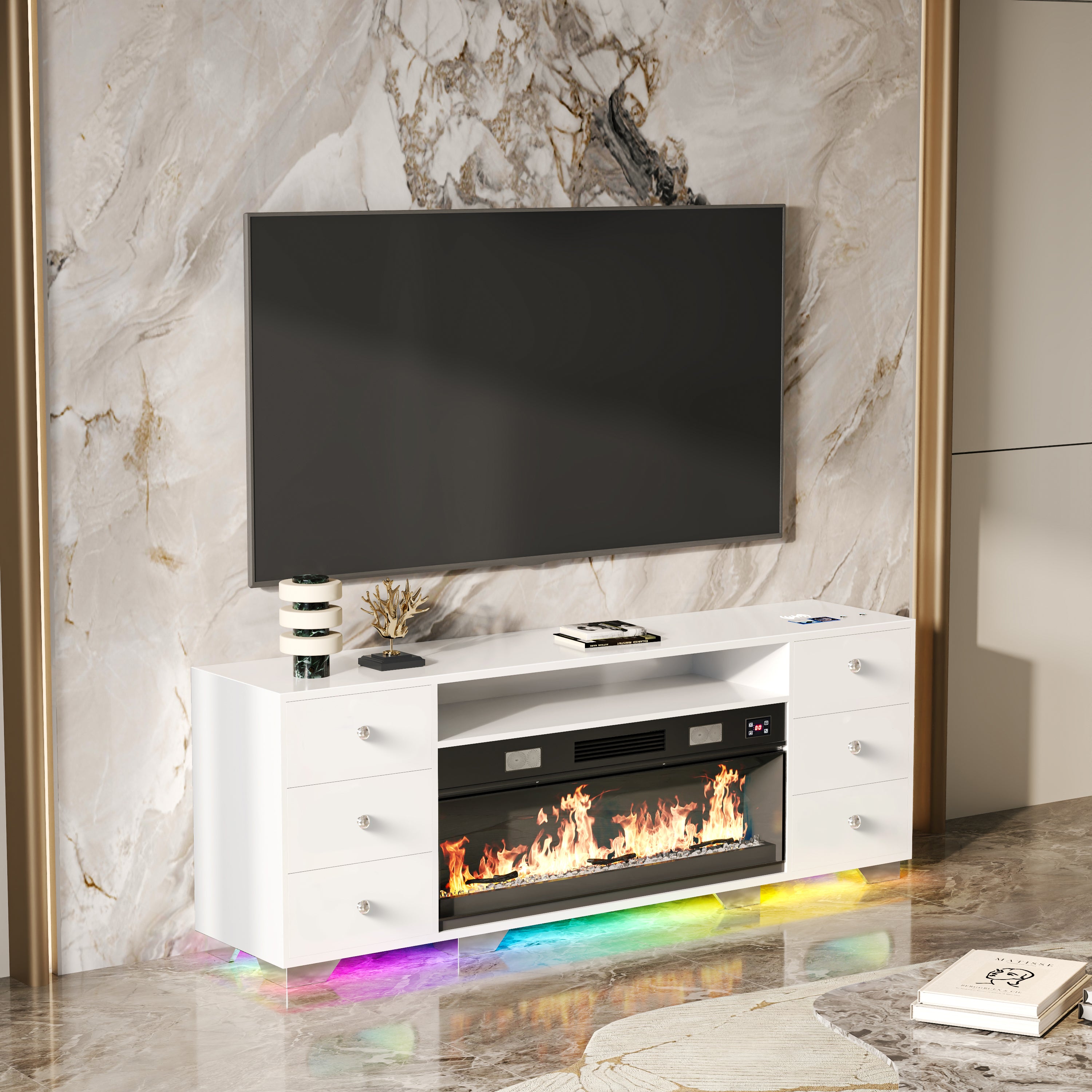 VANITIII TV Stand Fireplace features heating function & Bluetooth speaker,multiple flame colors,wireless charger and so on.The overall design is simple and white in color. Placed in the living room or bedroom, it is both beautiful and practical.