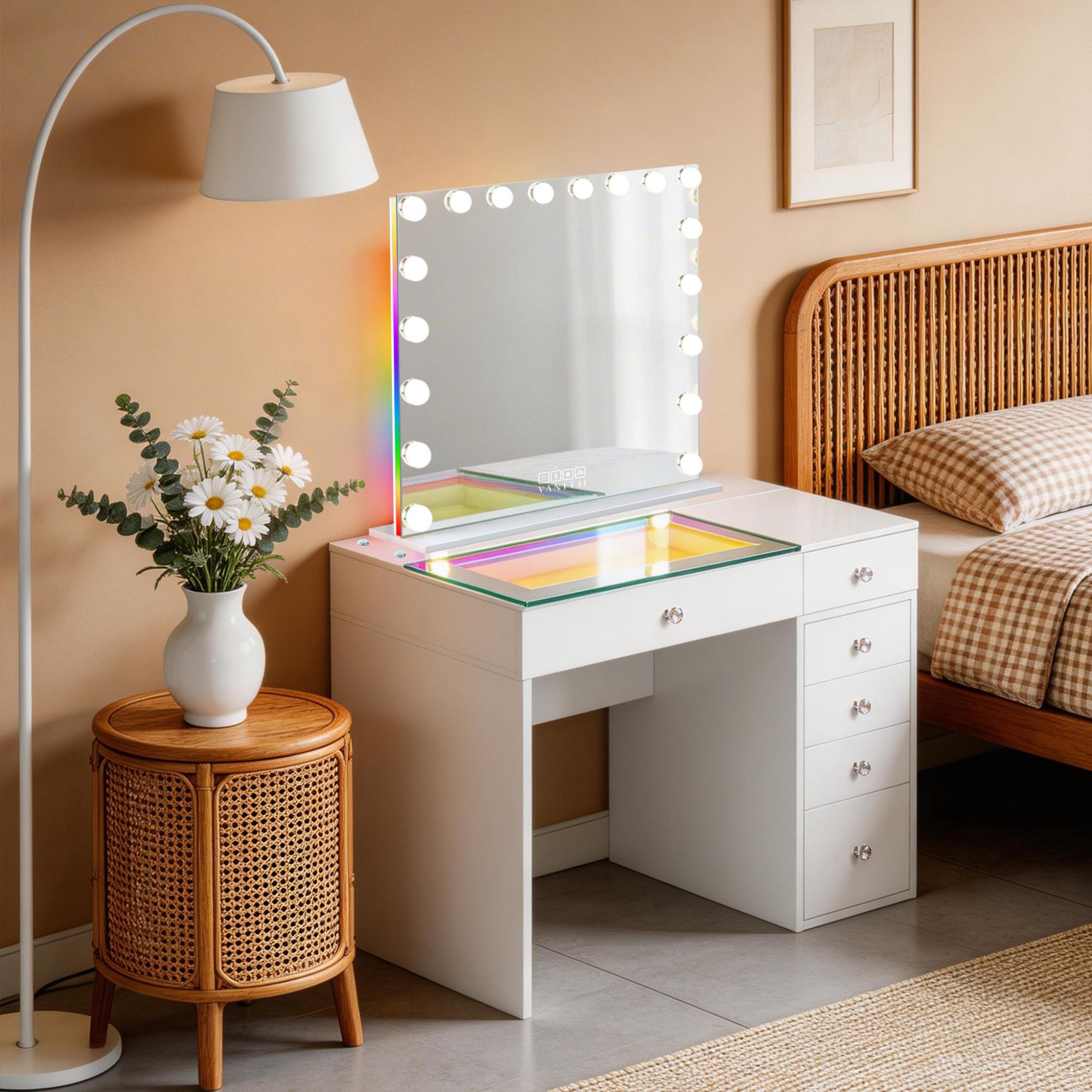 VANITII Mini Diana 6 Drawers Vanity Desk with RGB Mirror (KD)