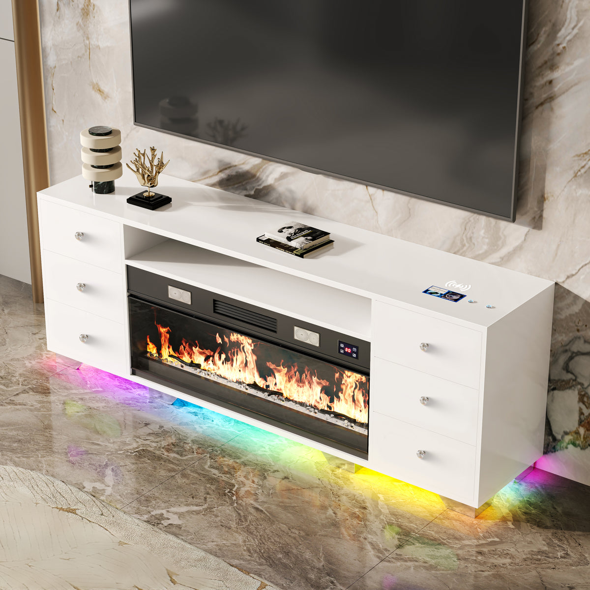 VANITIII TV Stand Fireplace features heating function & Bluetooth speaker,multiple flame colors,wireless charger and so on.The overall design is simple and white in color. Placed in the living room or bedroom, it is both beautiful and practical.