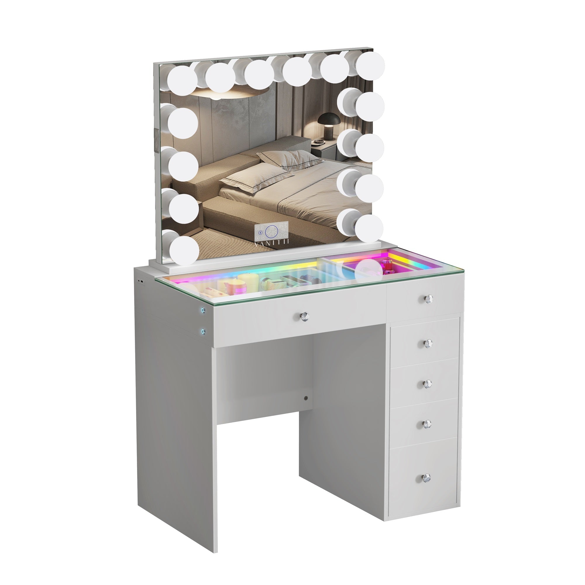 VANITII Mini Diana Vanity Set
Its desk features 6 storage drawers,built-in USB & Type-C Ports.Mirror features 14 adjustable LED light bulbs,built in Bluetooth speakers,smart touch control.The overall design is simple and white in color.