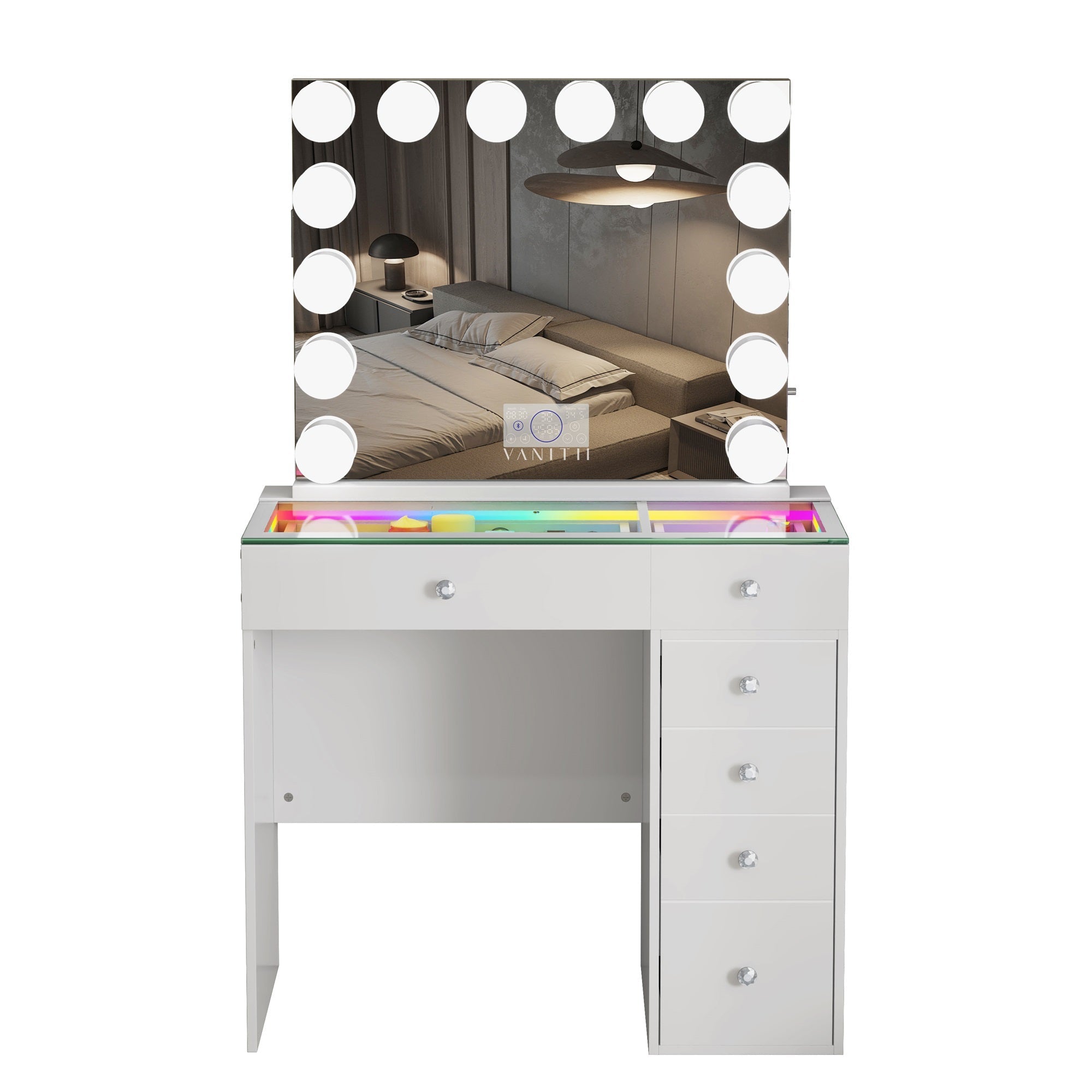VANITII Mini Diana Vanity Set
Its desk features 6 storage drawers,built-in USB & Type-C Ports.Mirror features 14 adjustable LED light bulbs,built in Bluetooth speakers,smart touch control.The overall design is simple and white in color.