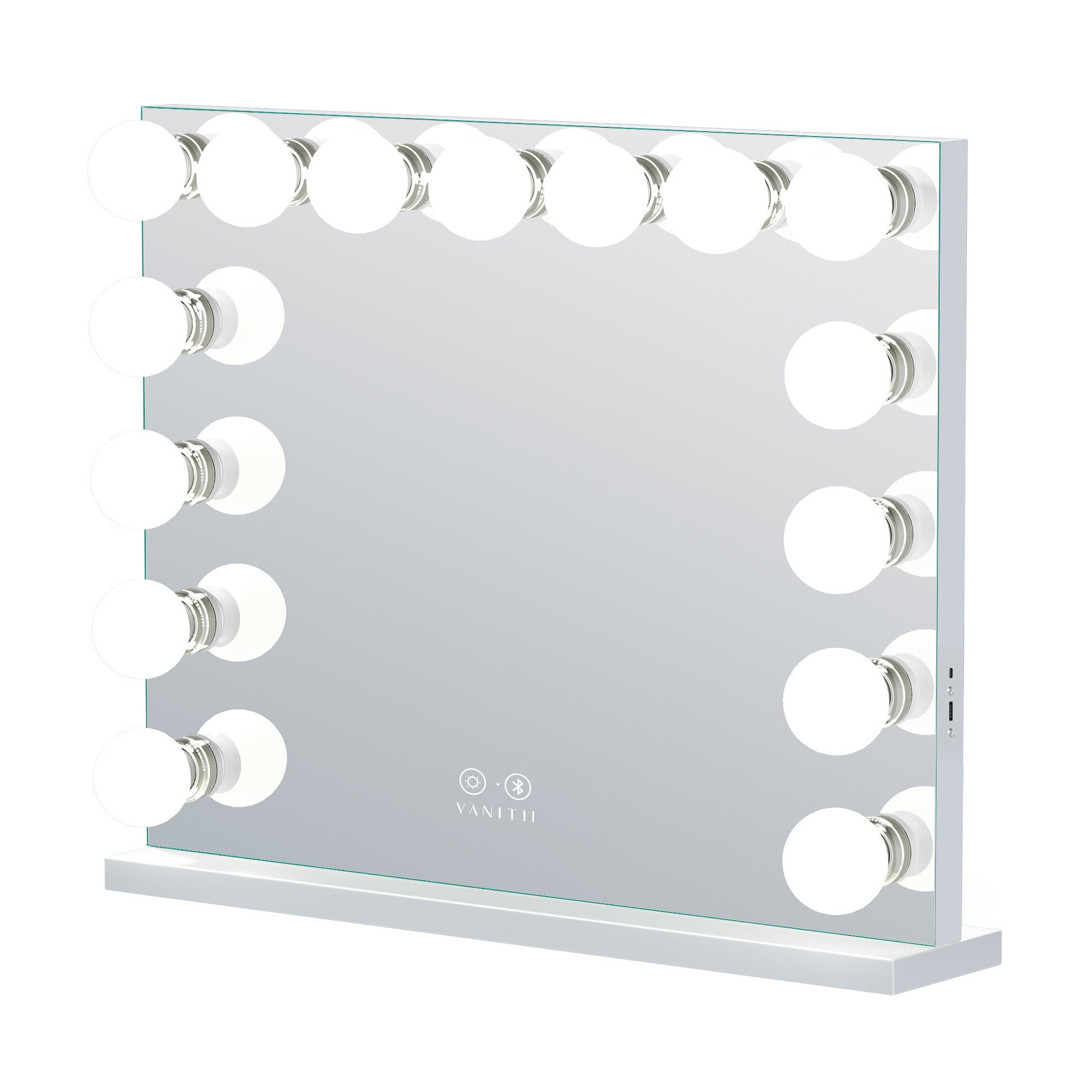 VANITll Marilyn Vanity Mirror features 15 detachable LED bulbs,built in Bluetooth speakers,USB and Type-C charging ports,detachable mirror base and so on.