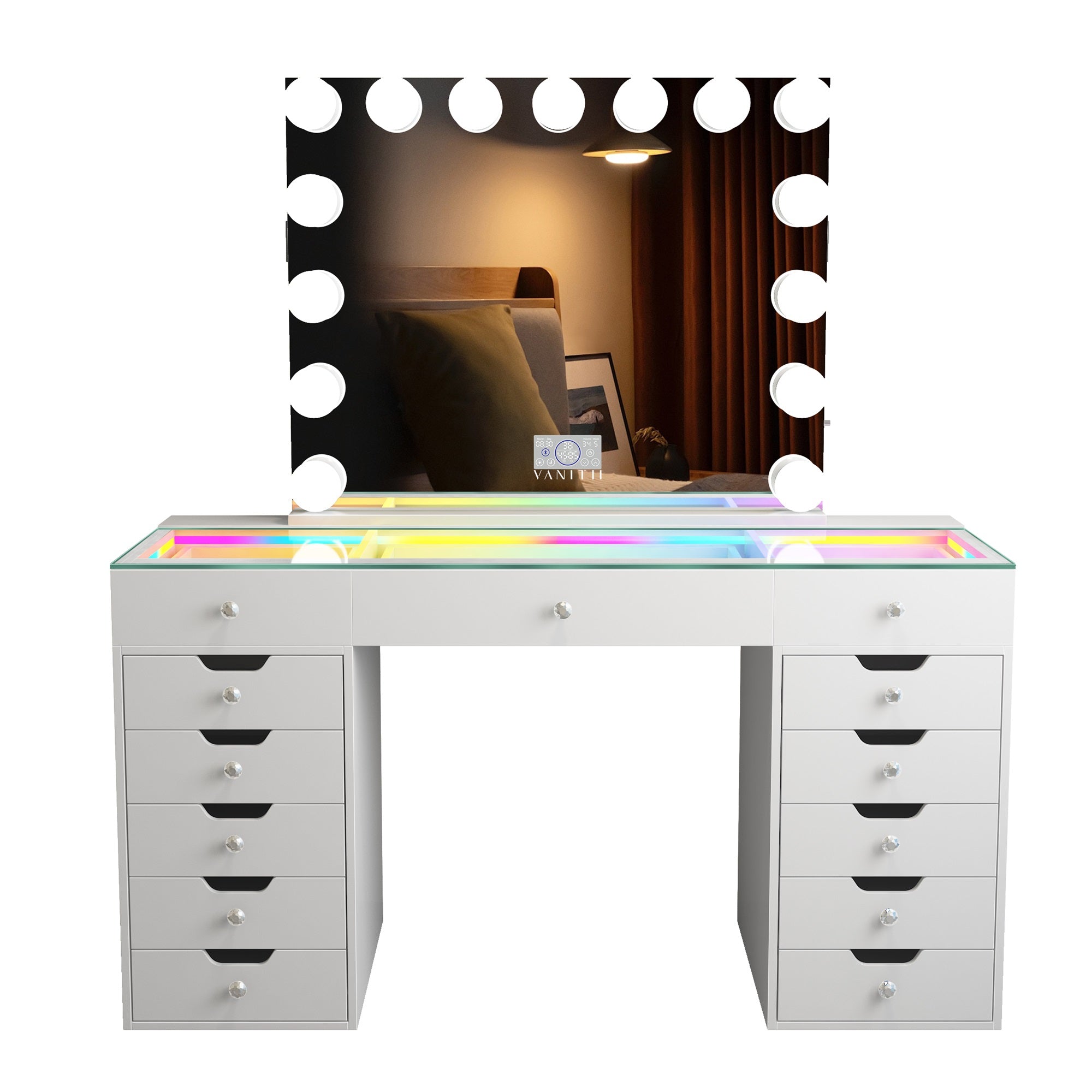 VANITII Eva-RGB Vanity Desk Set with 13 Storage Drawers and 15 Bulbs Light Mirror