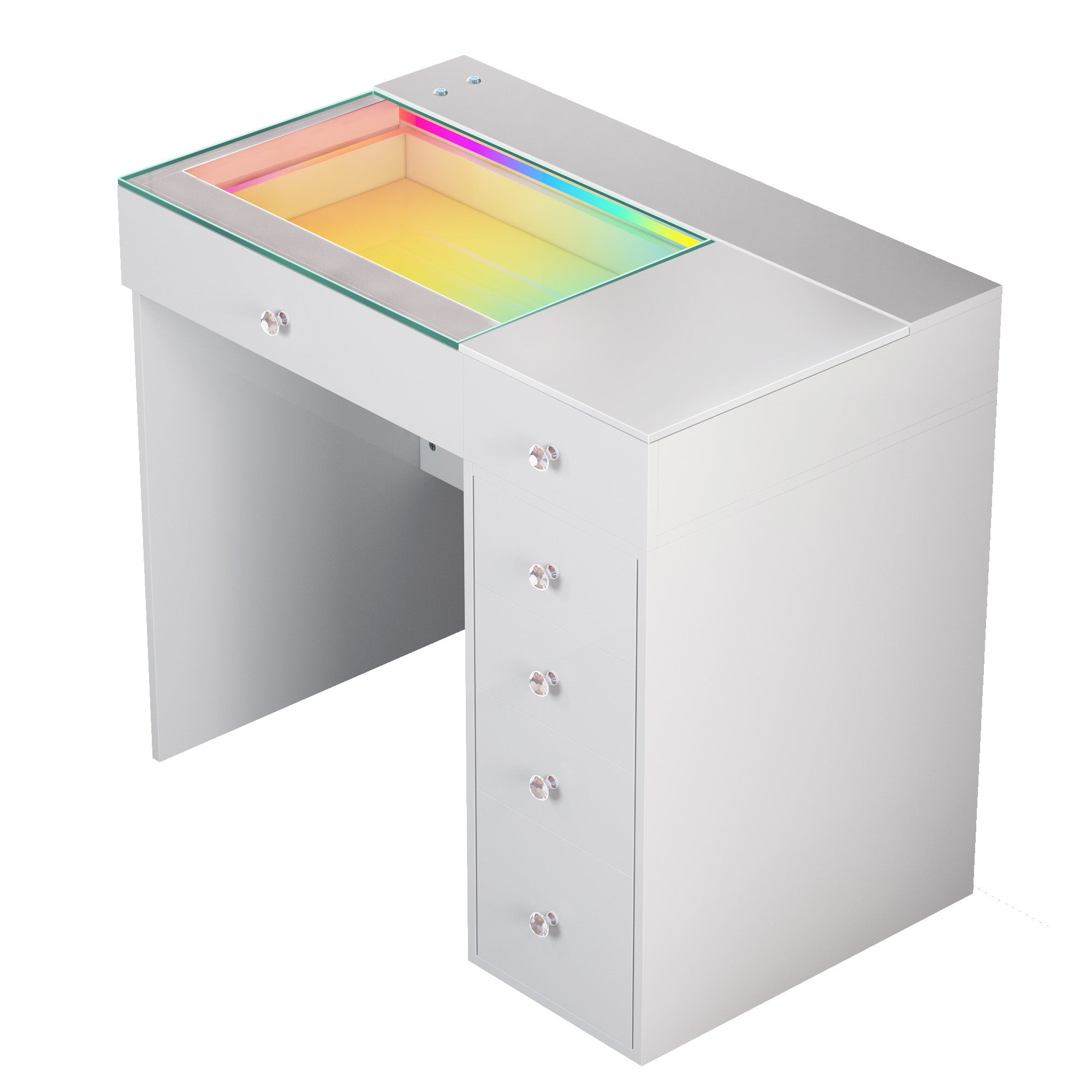 VANITII Mini Diana Vanity Desk features 6 storage drawers,RGB light strip,clear Tempered glass top.The overall design is simple and white in color.