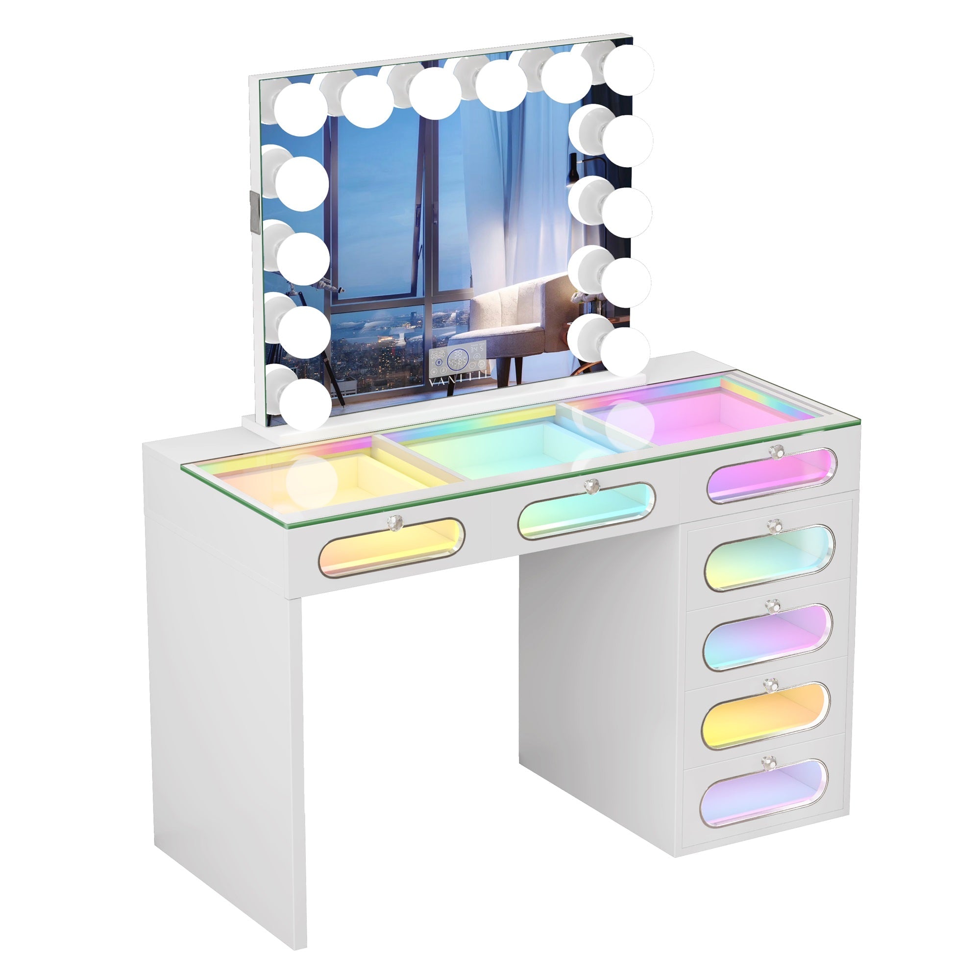 New Release ! VANITII 7 Glass Fronted Drawers with Hollywood Vanity Mirror