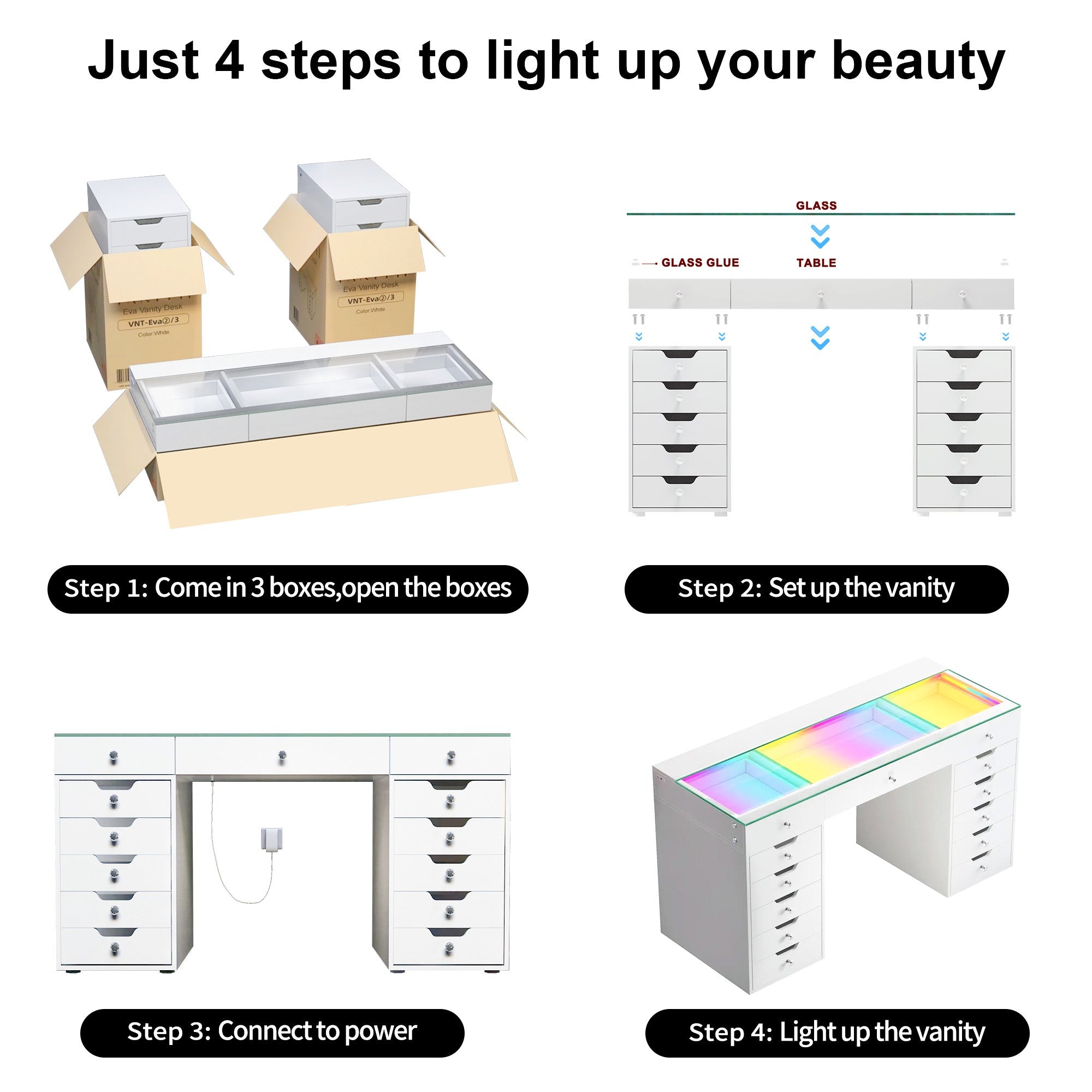 VANITII Eva-RGB Vanity Desk Set with 13 Storage Drawers and 15 Bulbs Light Mirror