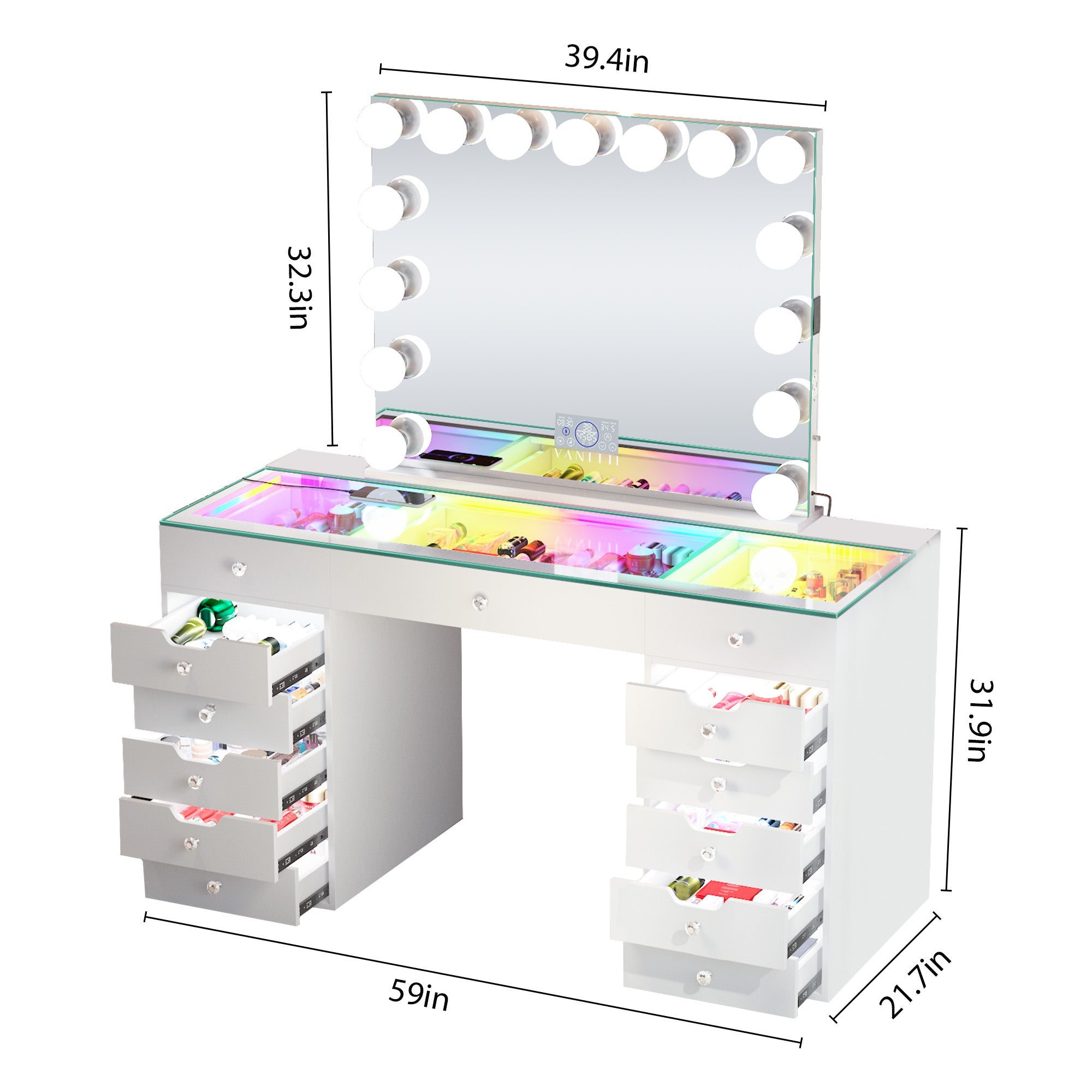 VANITII Eva-RGB Vanity Desk Set with Lights & 15 Bulbs Light Mirror