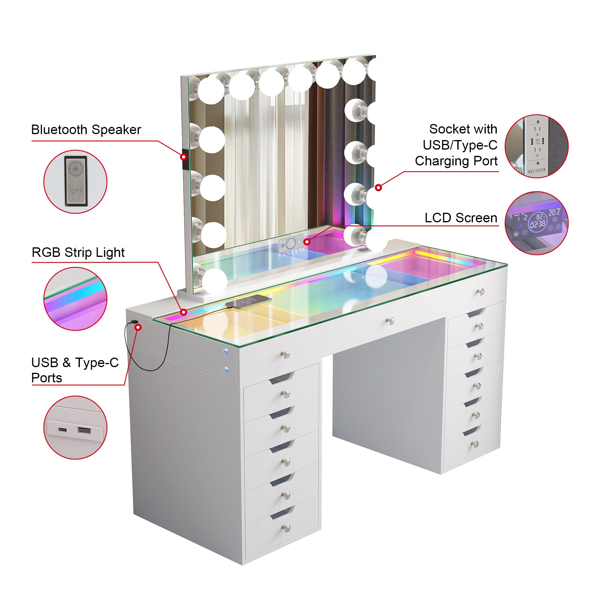VANITII Eva-RGB Vanity Desk Set with 13 Storage Drawers and 15 Bulbs Light Mirror