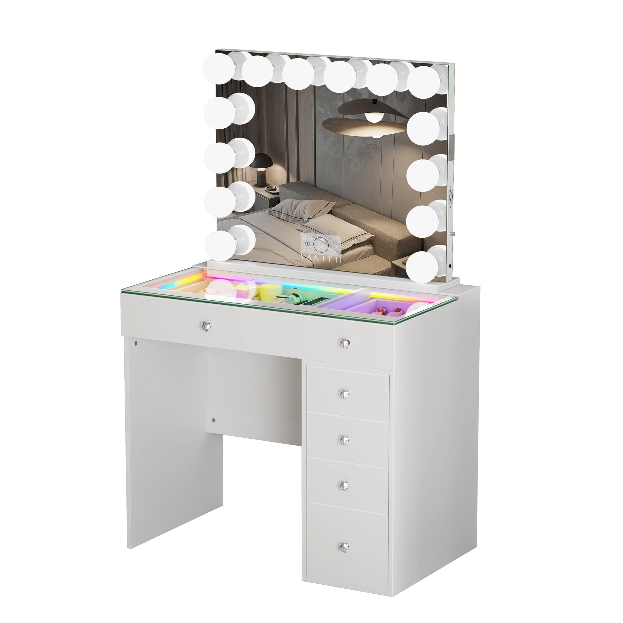 VANITII Mini Diana Vanity Set
Its desk features 6 storage drawers,built-in USB & Type-C Ports.Mirror features 14 adjustable LED light bulbs,built in Bluetooth speakers,smart touch control.The overall design is simple and white in color.