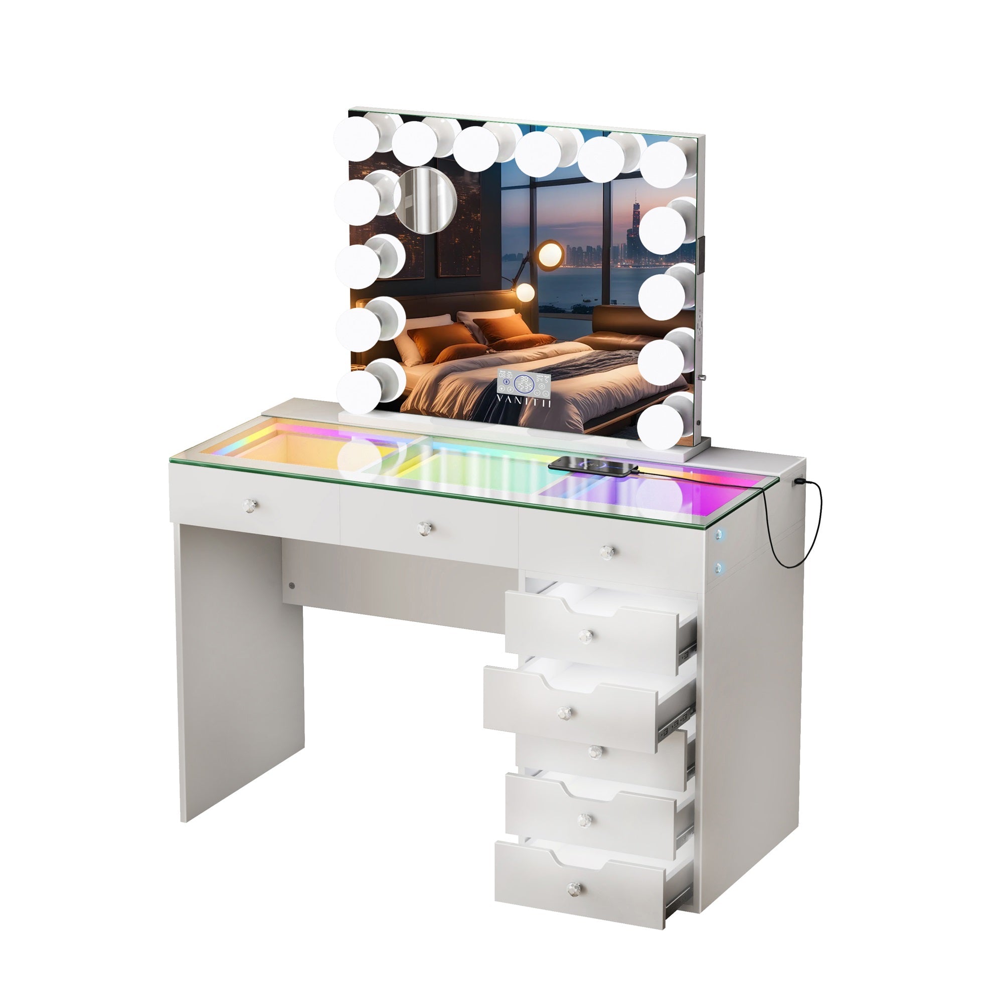 VANITII Diana 8 Drawers Vanity Desk Set with RGB and Full Light