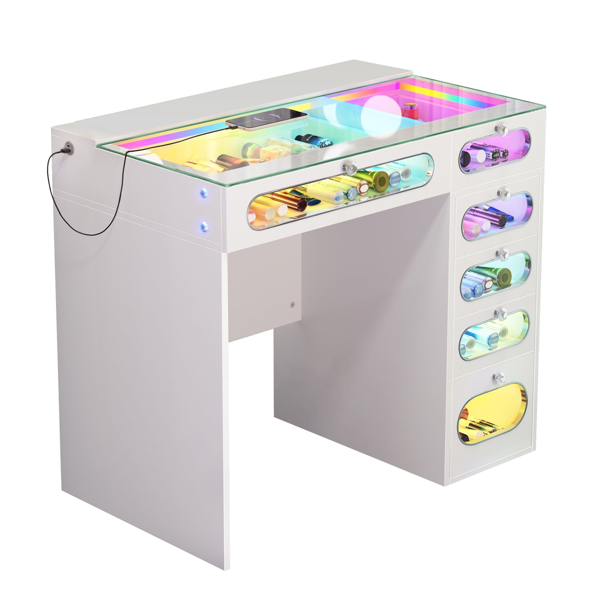 VANITII Vanity Desk features 6 storage drawers with glass-fronted,adjustable RGB light stri,built-in USB & Type-C ports for charging and so on.The overall design is simple and white in color.