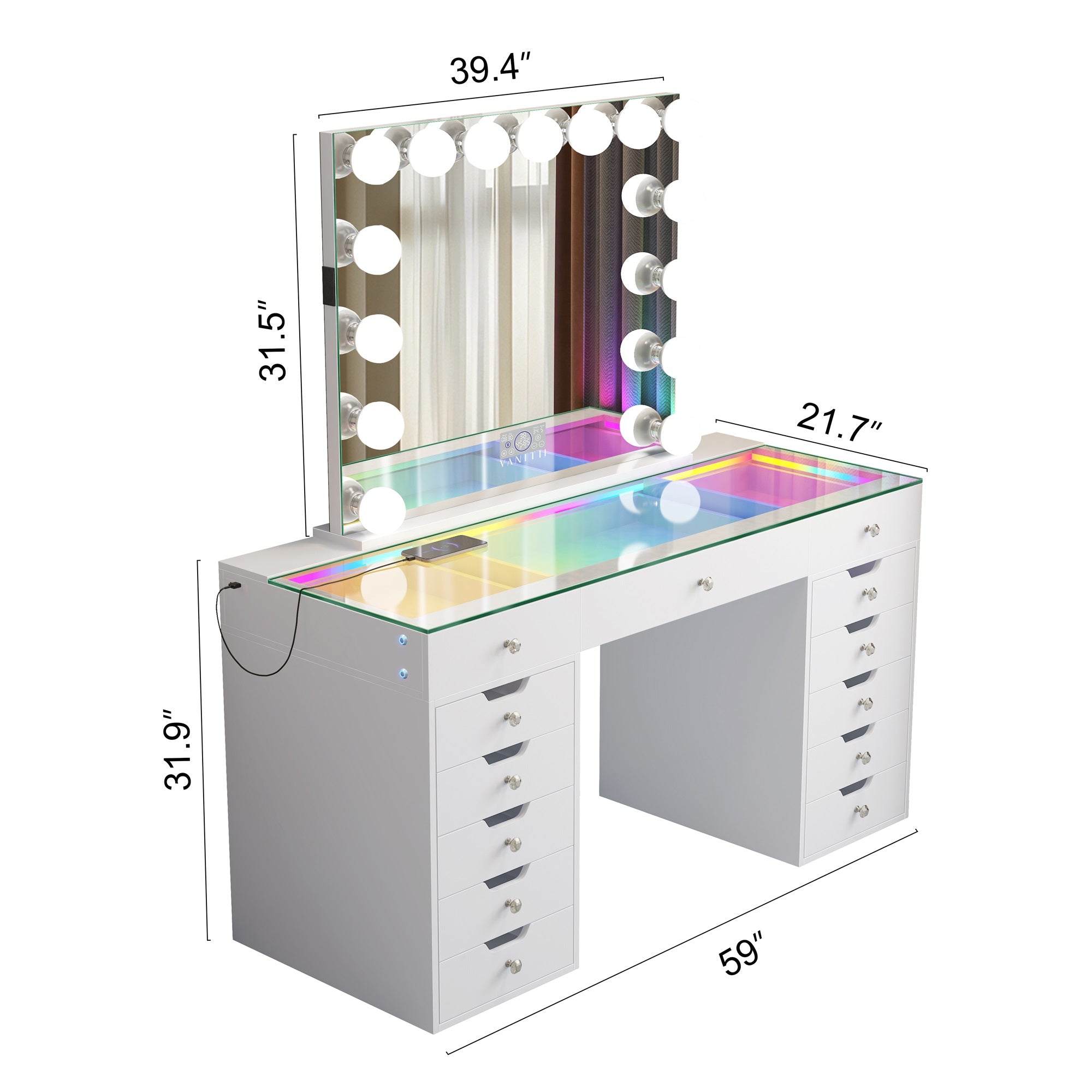 VANITII Eva-RGB Vanity Desk Set with 13 Storage Drawers and 15 Bulbs Light Mirror