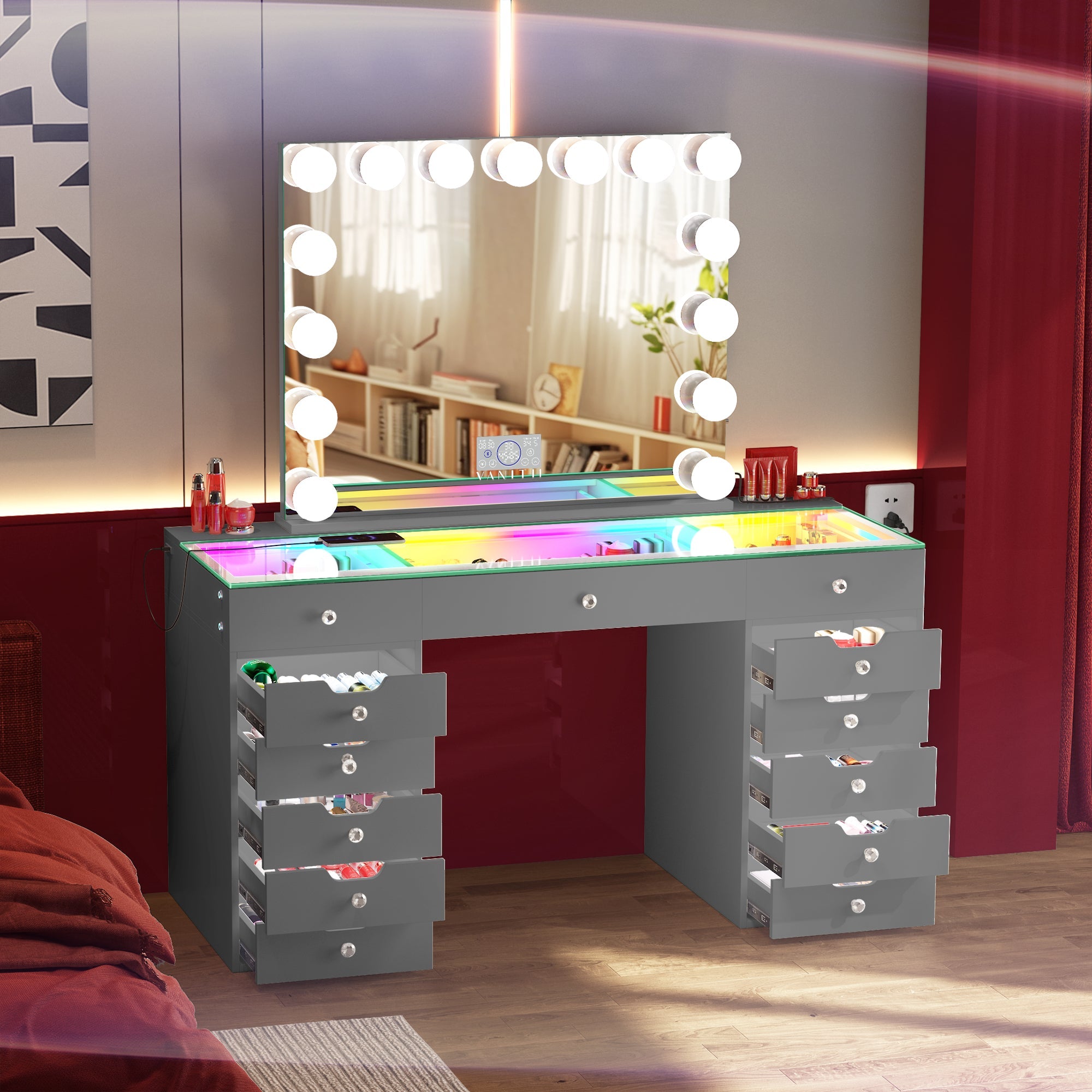 VANITII Eva-RGB Vanity Desk Set with Lights & 15 Bulbs Light Mirror
