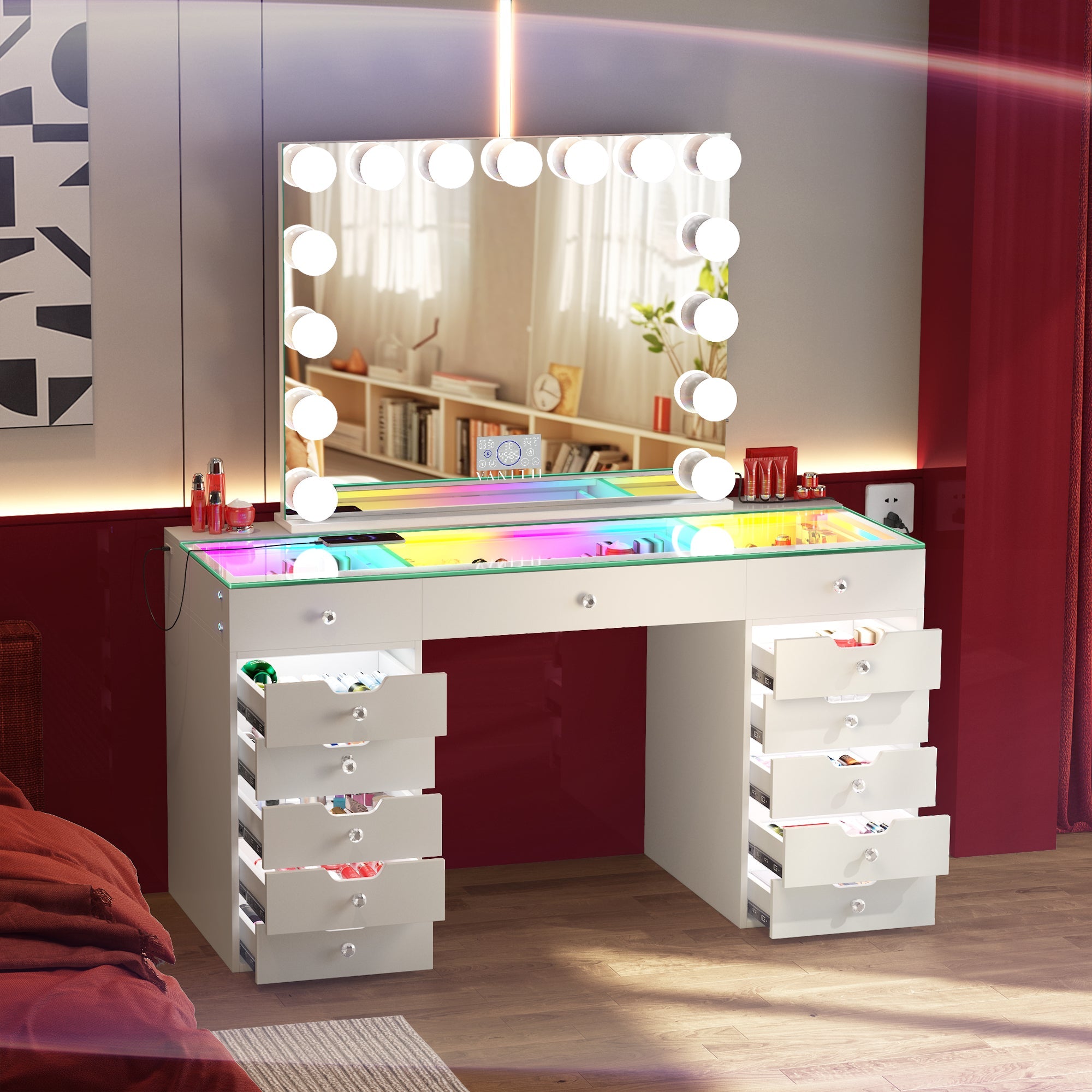VANITII Eva-RGB Vanity Desk Set with Lights & 15 Bulbs Light Mirror
