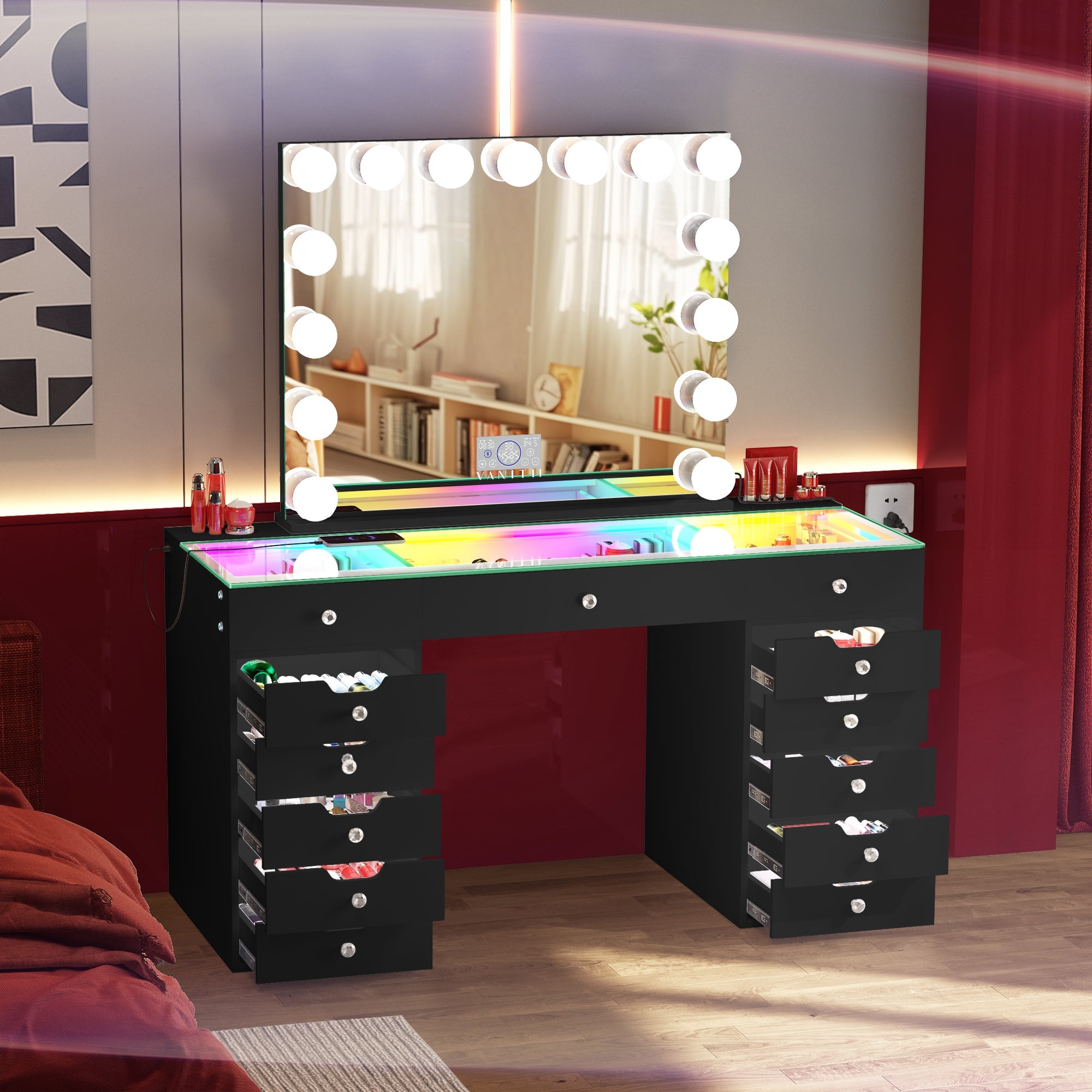 VANITII Eva-RGB Vanity Desk Set with Lights & 15 Bulbs Light Mirror