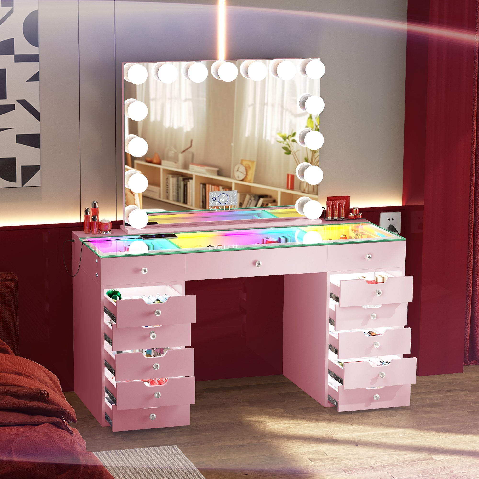 VANITII Eva-RGB Vanity Desk Set with Lights & 15 Bulbs Light Mirror