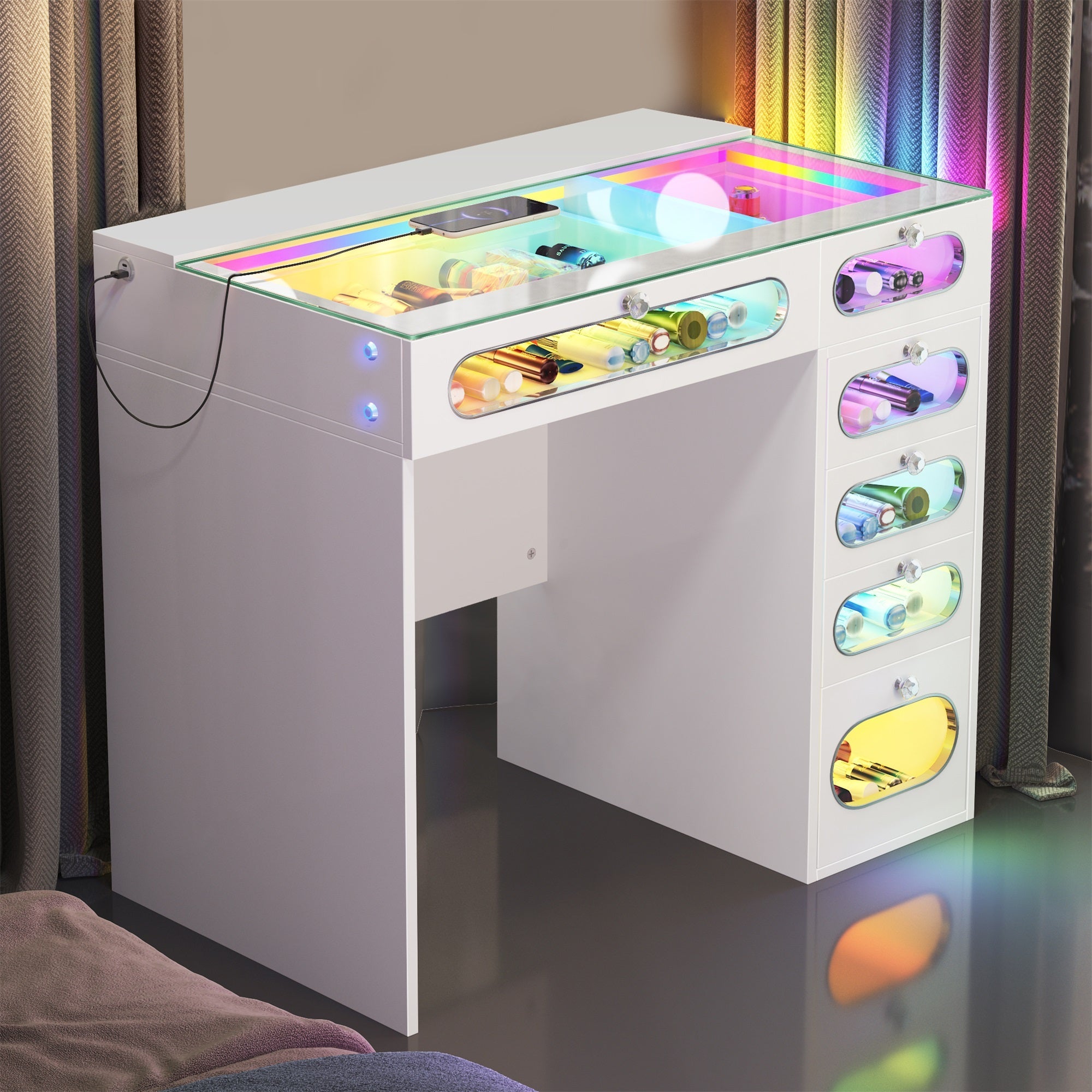 VANITII Vanity Desk features 6 storage drawers with glass-fronted,adjustable RGB light stri,built-in USB & Type-C ports for charging and so on.The overall design is simple and white in color.Placed in the bedroom, it is both beautiful and practical.