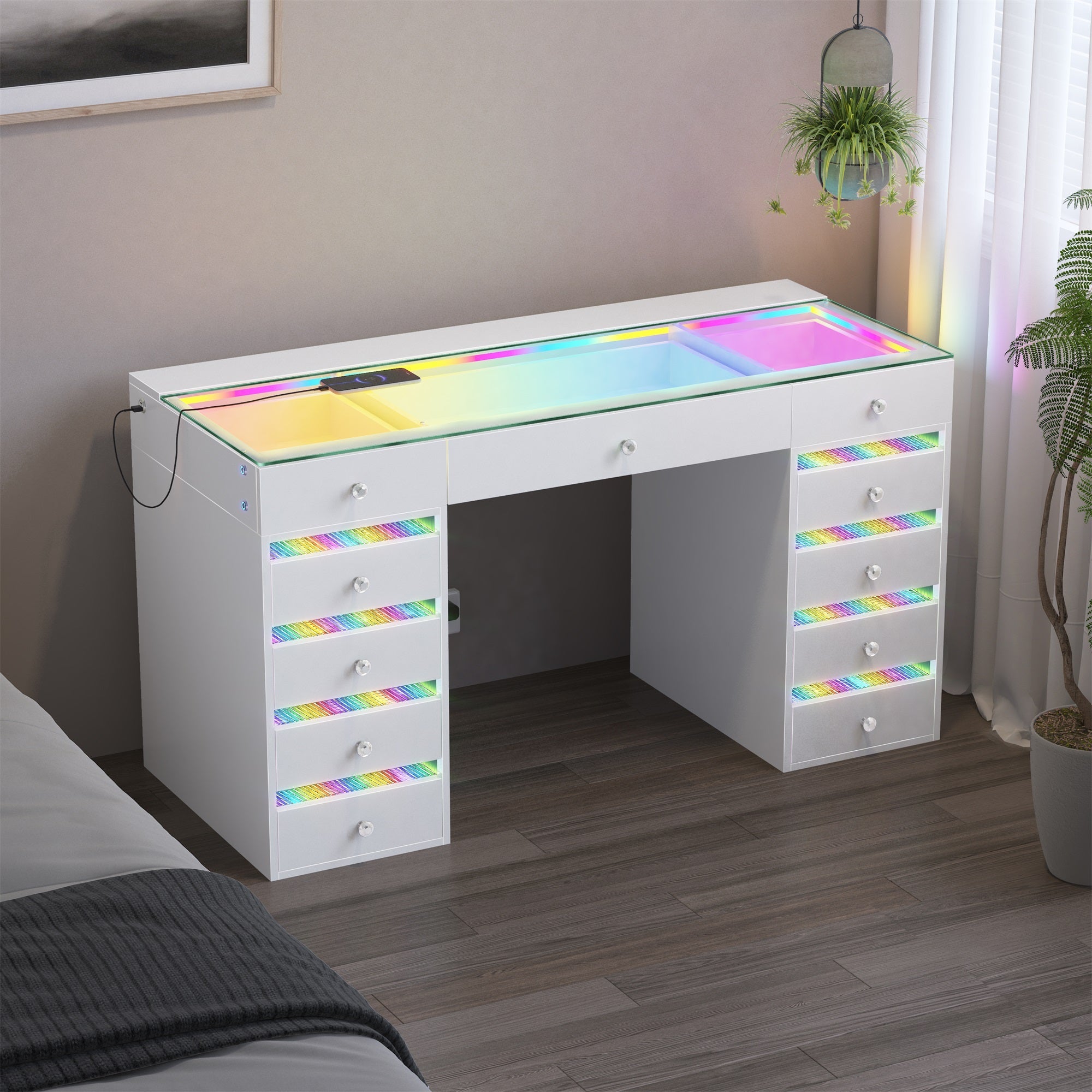VANITII Fenair Vanity Desk features 11 storage drawers,adjustable RGB strip light,built-in USB&Type-C ports for charging and so on.The overall design is simple and white in color. Placed in the bedroom, it is both beautiful and practical.