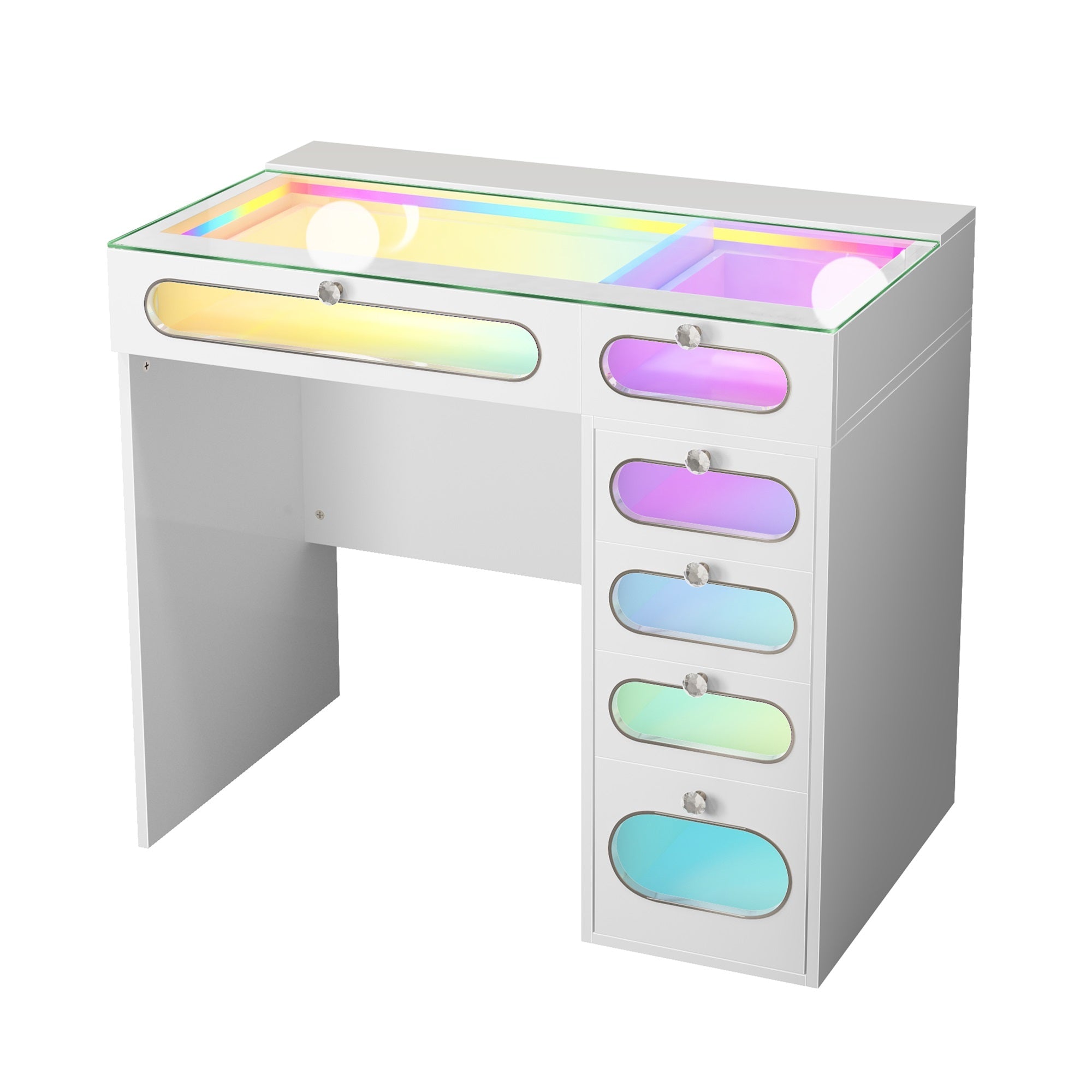 VANITII Vanity Desk features 6 storage drawers with glass-fronted,adjustable RGB light stri,built-in USB & Type-C ports for charging and so on.The overall design is simple and white in color.