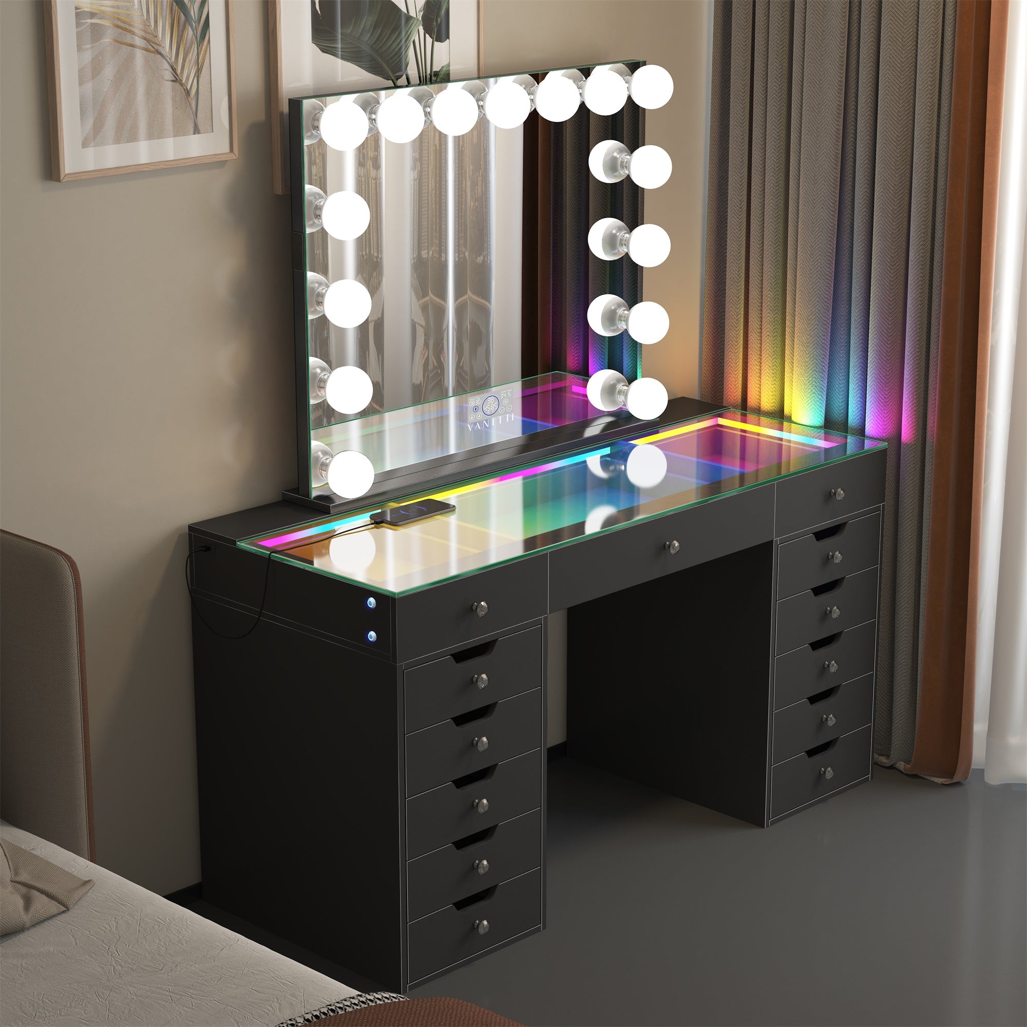 VANITII Eva-RGB Vanity Desk Set with 13 Storage Drawers and 15 Bulbs Light Mirror