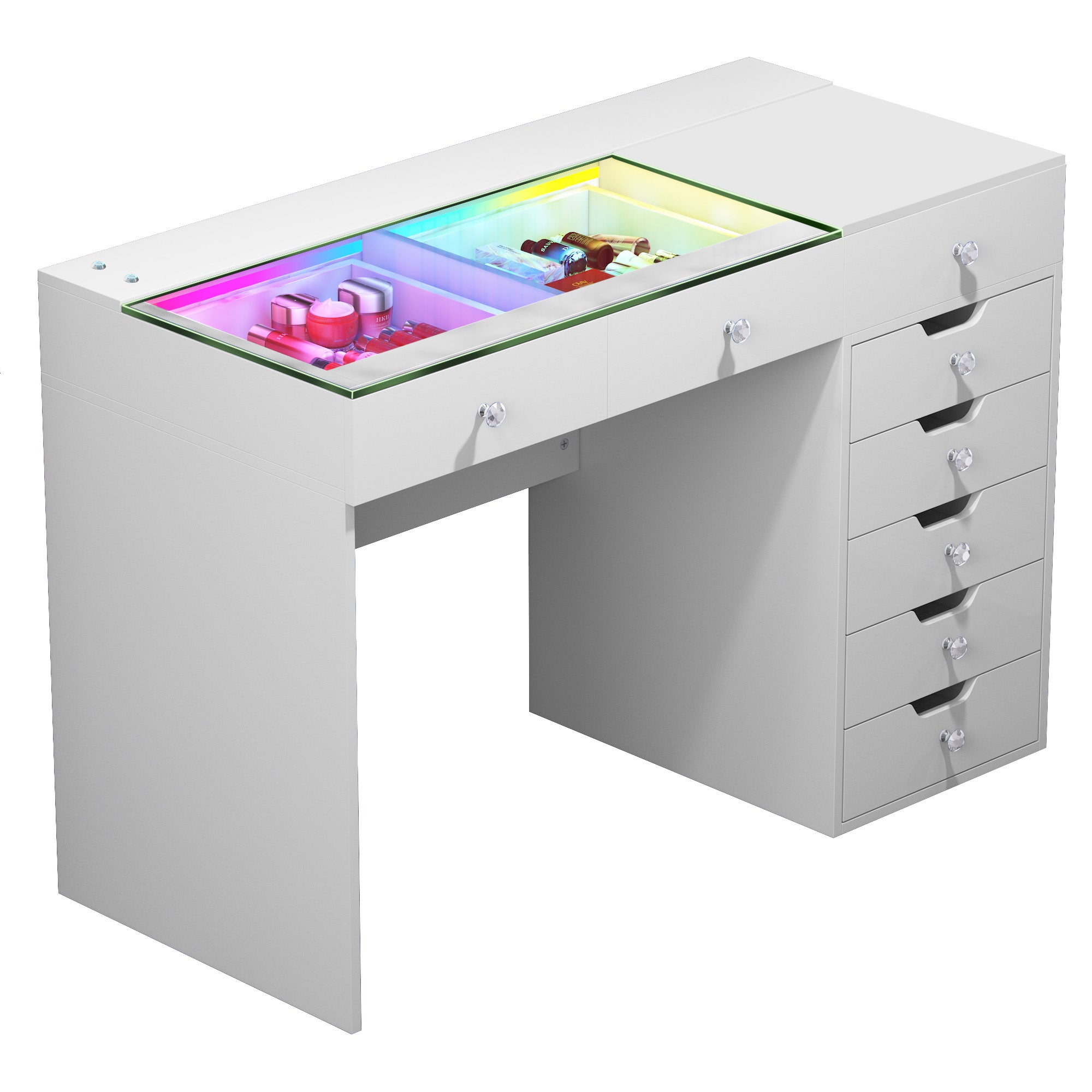 VANITII Diana Vanity Desk features 8 storage drawers,RGB strip light,clear tempered glass top and so on.The overall design is simple and white in color.