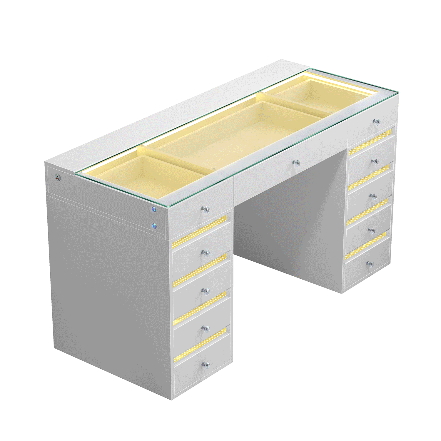 VANITII Fenair Vanity Desk features 11 storage drawers,adjustable RGB strip light,built-in USB&Type-C ports for charging and so on.The overall design is simple and white in color.
