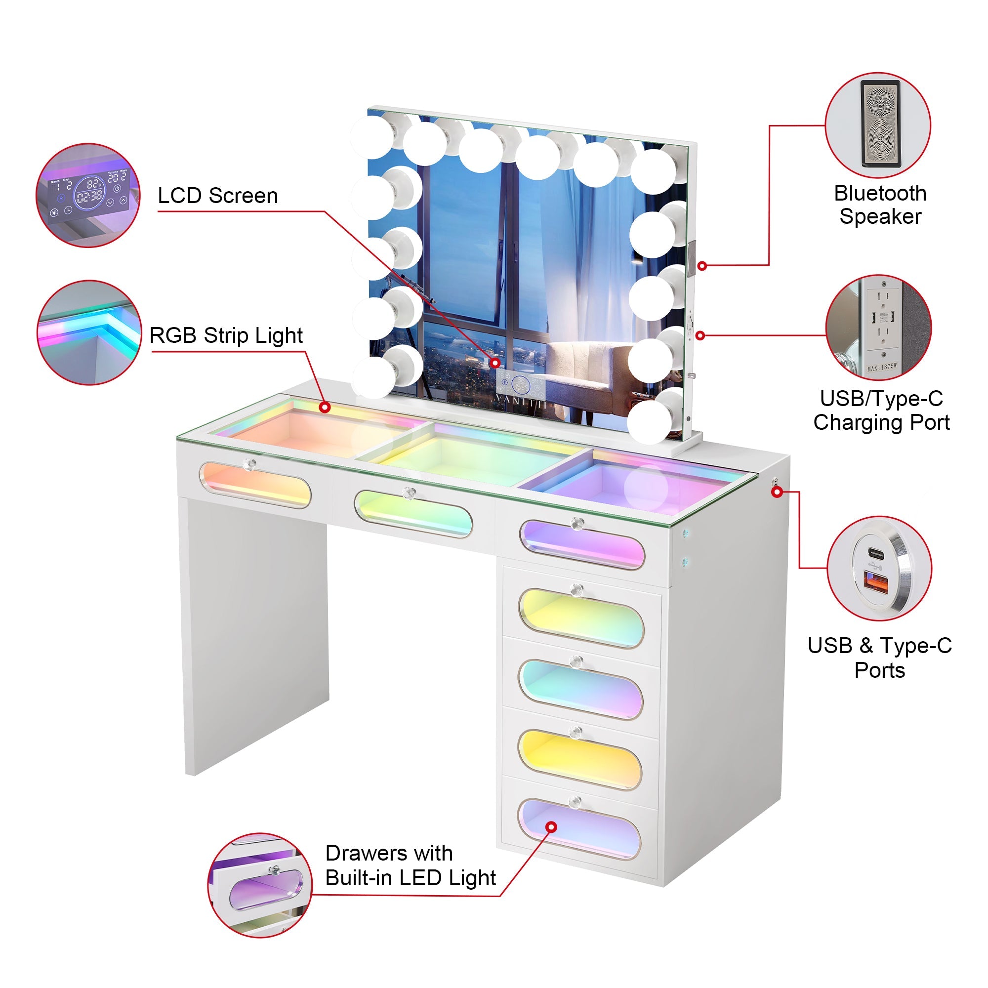 New Release ! VANITII 7 Glass Fronted Drawers with Hollywood Vanity Mirror