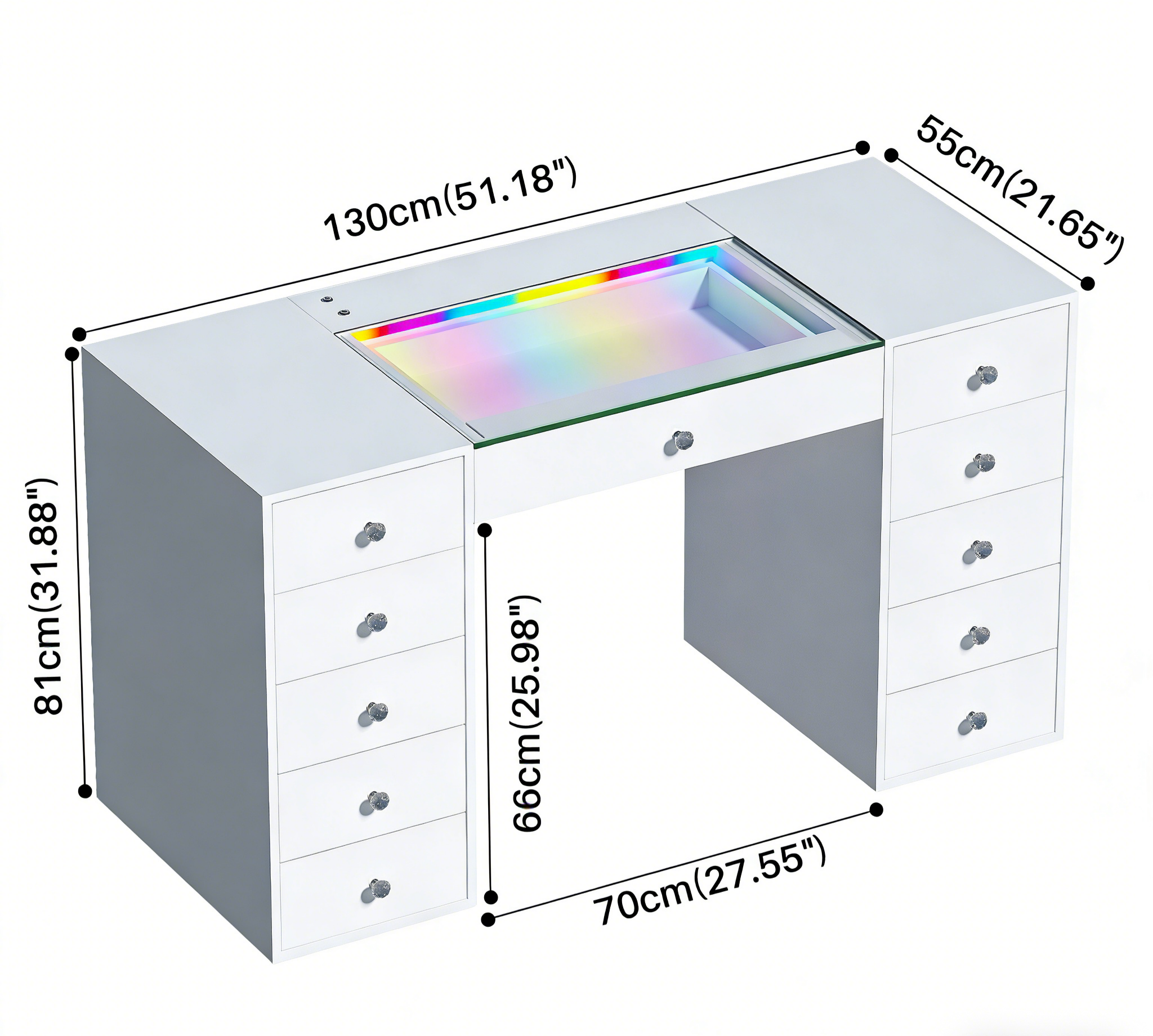 Size of VANITII Mini Eva Vanity Desk features 11 storage drawers