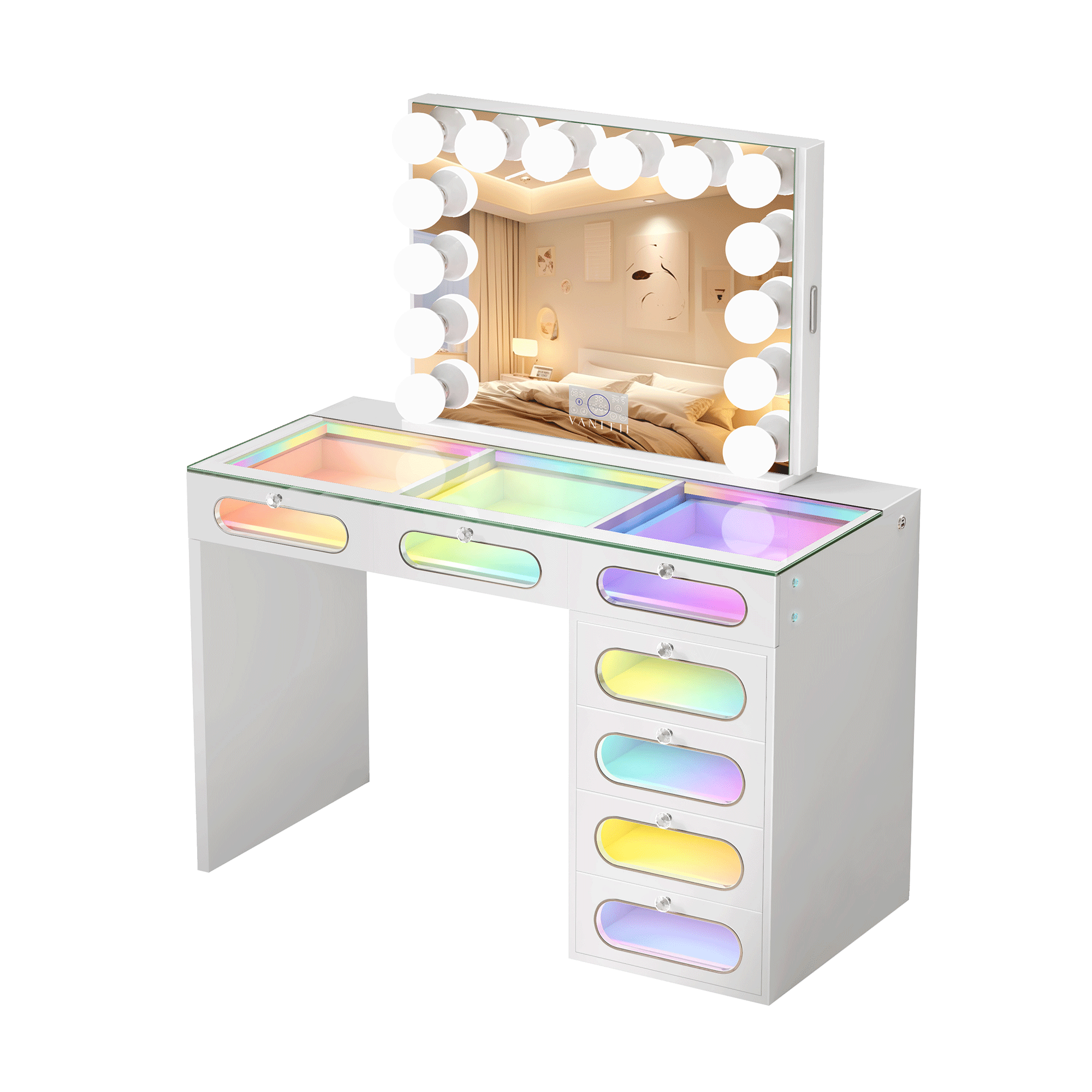 New Release ! VANITII 7 Glass Fronted Drawers with Hollywood Vanity Mirror