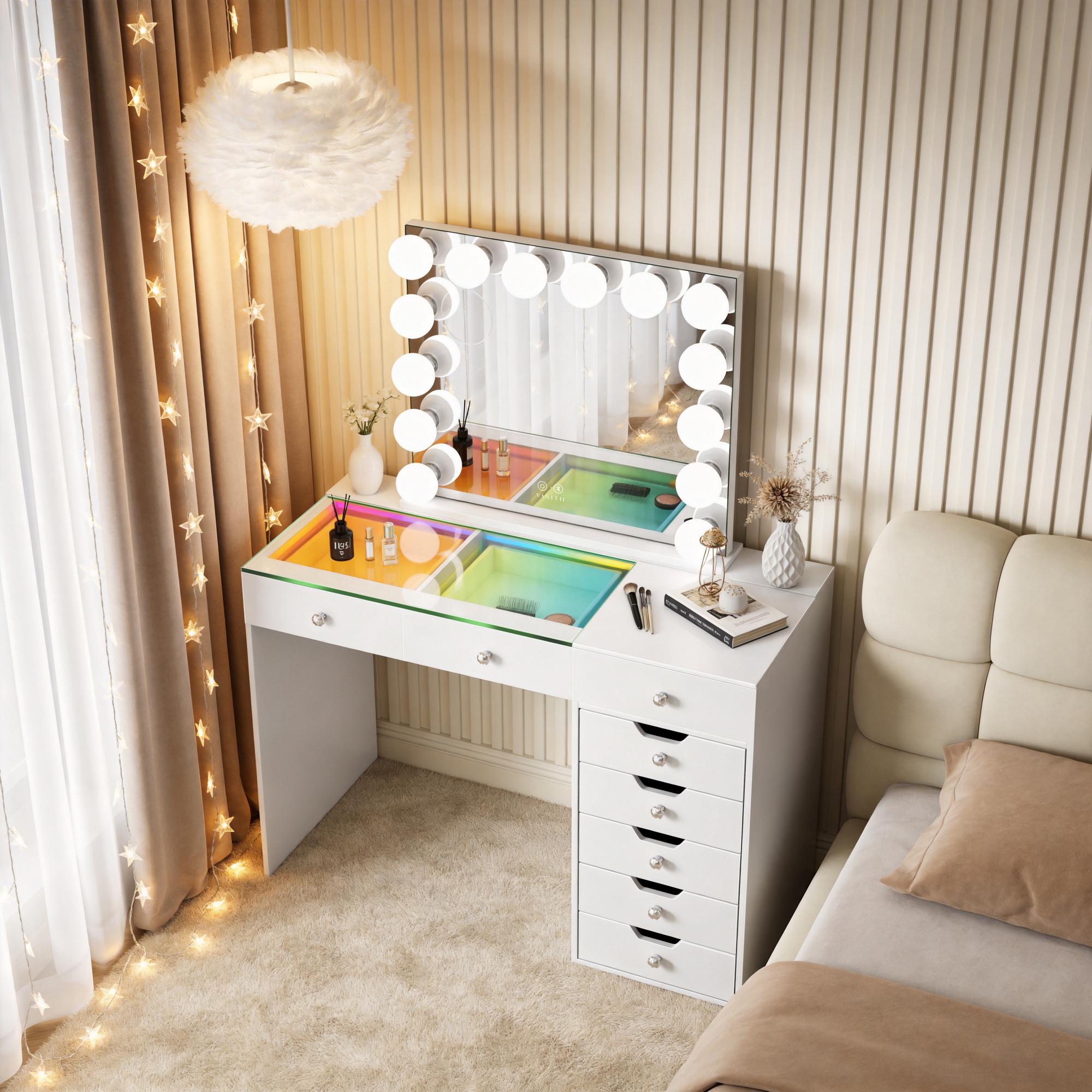 VANITII Diana 8 Drawers Vanity Desk with Marilyn Pro Mirror (KD)