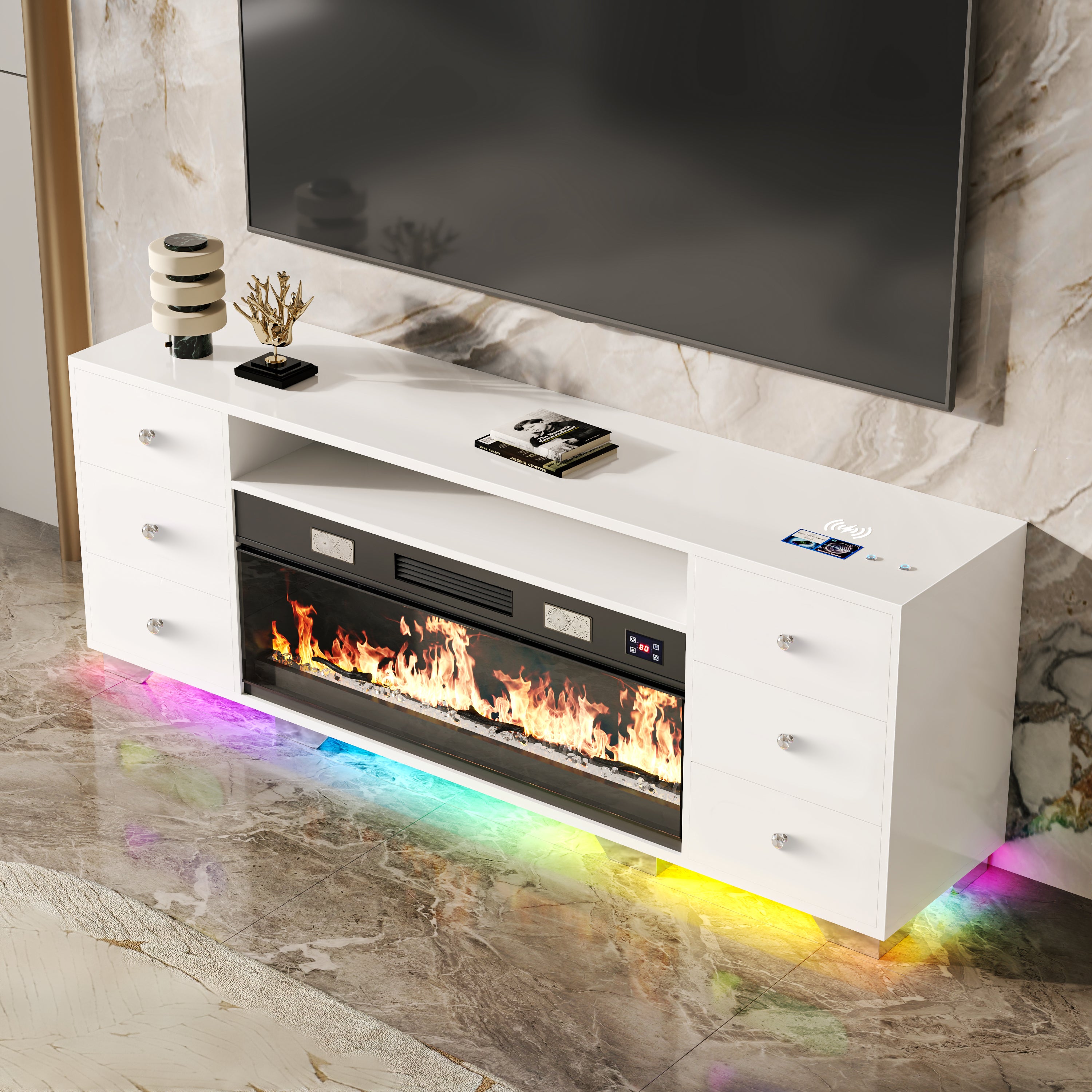 VANITIII TV Stand Fireplace features heating function & Bluetooth speaker,multiple flame colors,wireless charger and so on.The overall design is simple and white in color. Placed in the living room or bedroom, it is both beautiful and practical. 