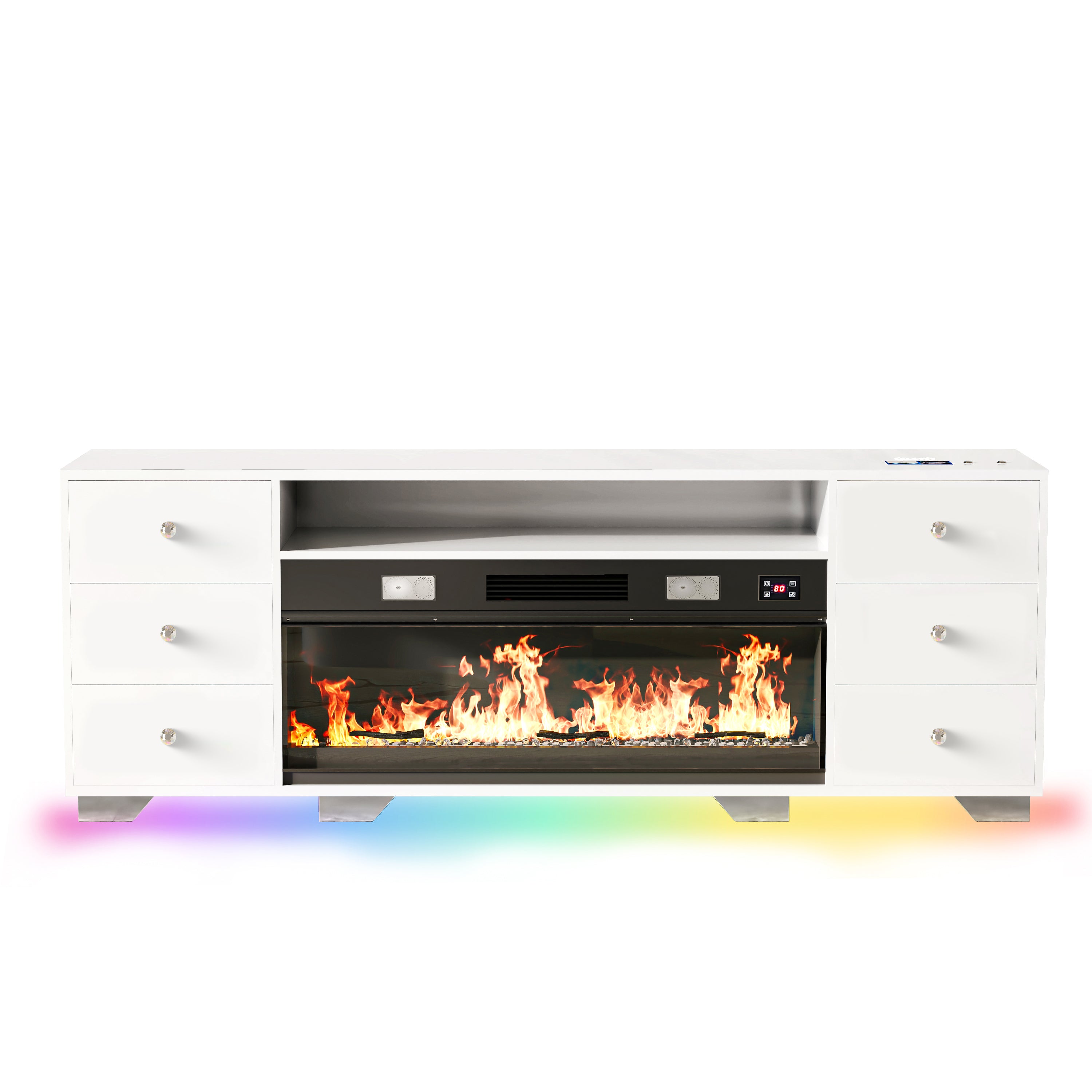 VANITIII TV Stand Fireplace features heating function & Bluetooth speaker,multiple flame colors,wireless charger and so on.The overall design is simple and white in color. 