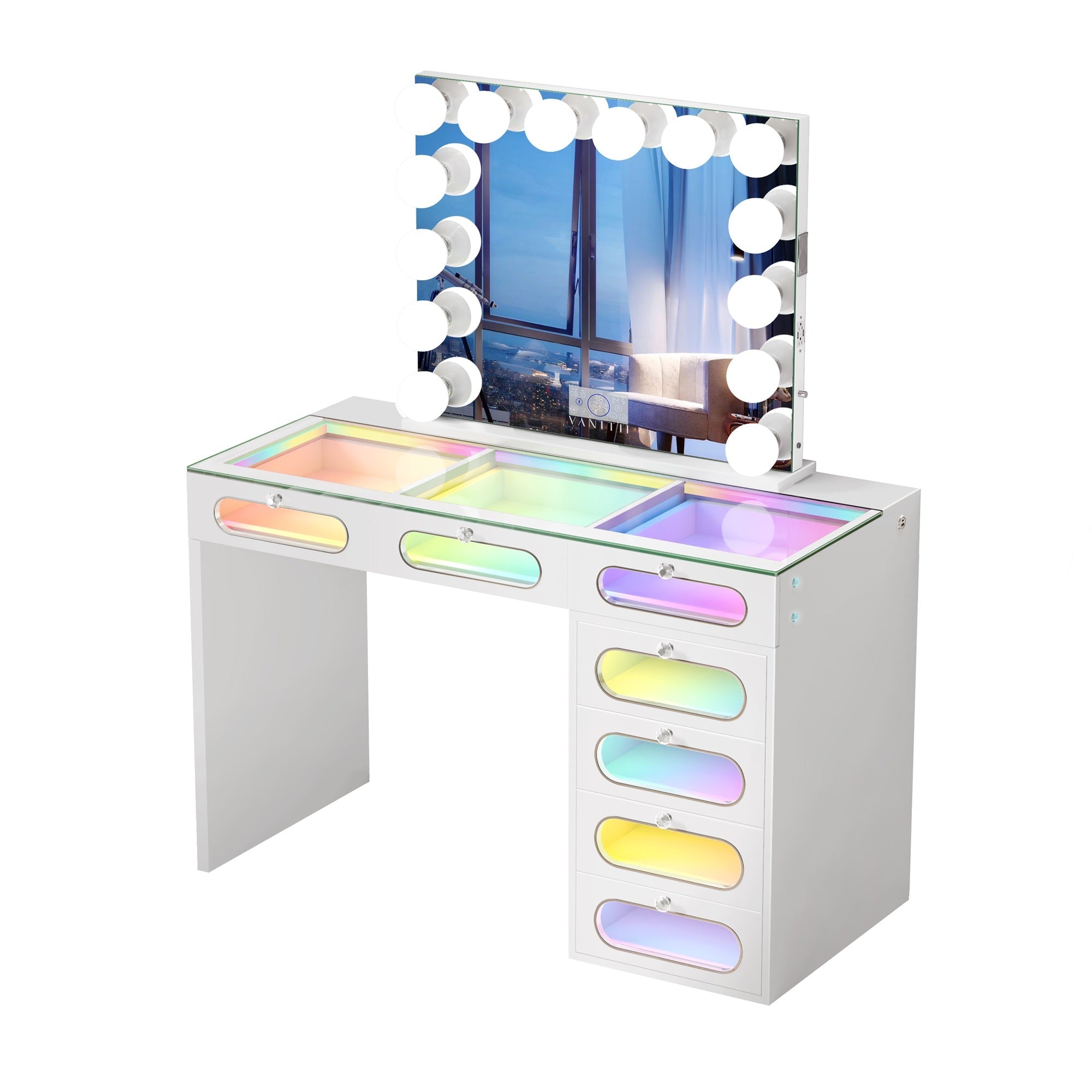 New Release ! VANITII 7 Glass Fronted Drawers with Hollywood Vanity Mirror
