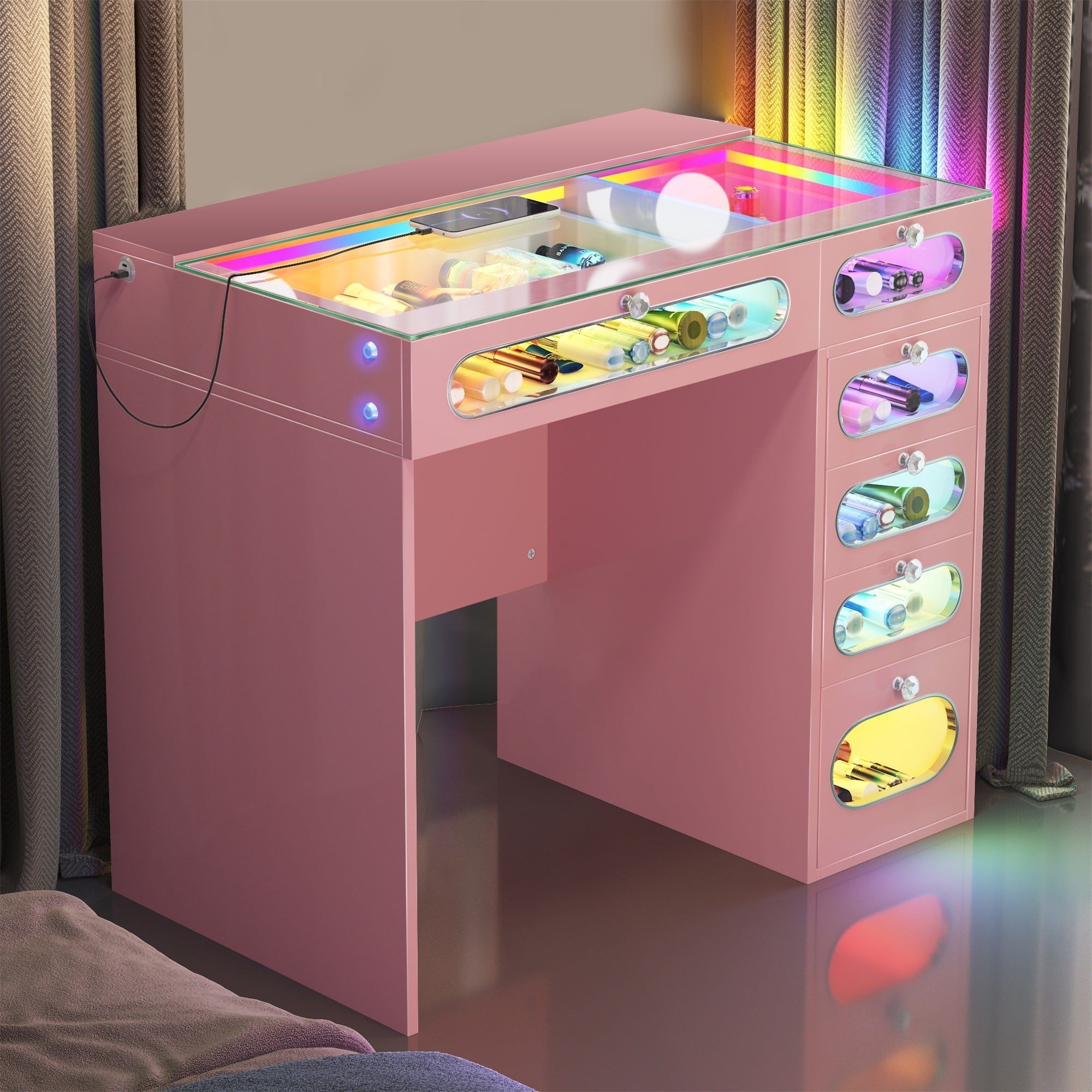 VANITII Vanity Desk features 6 storage drawers with glass-fronted,adjustable RGB light stri,built-in USB & Type-C ports for charging and so on.The overall design is simple and pink in color.Placed in the bedroom, it is both beautiful and practical. 