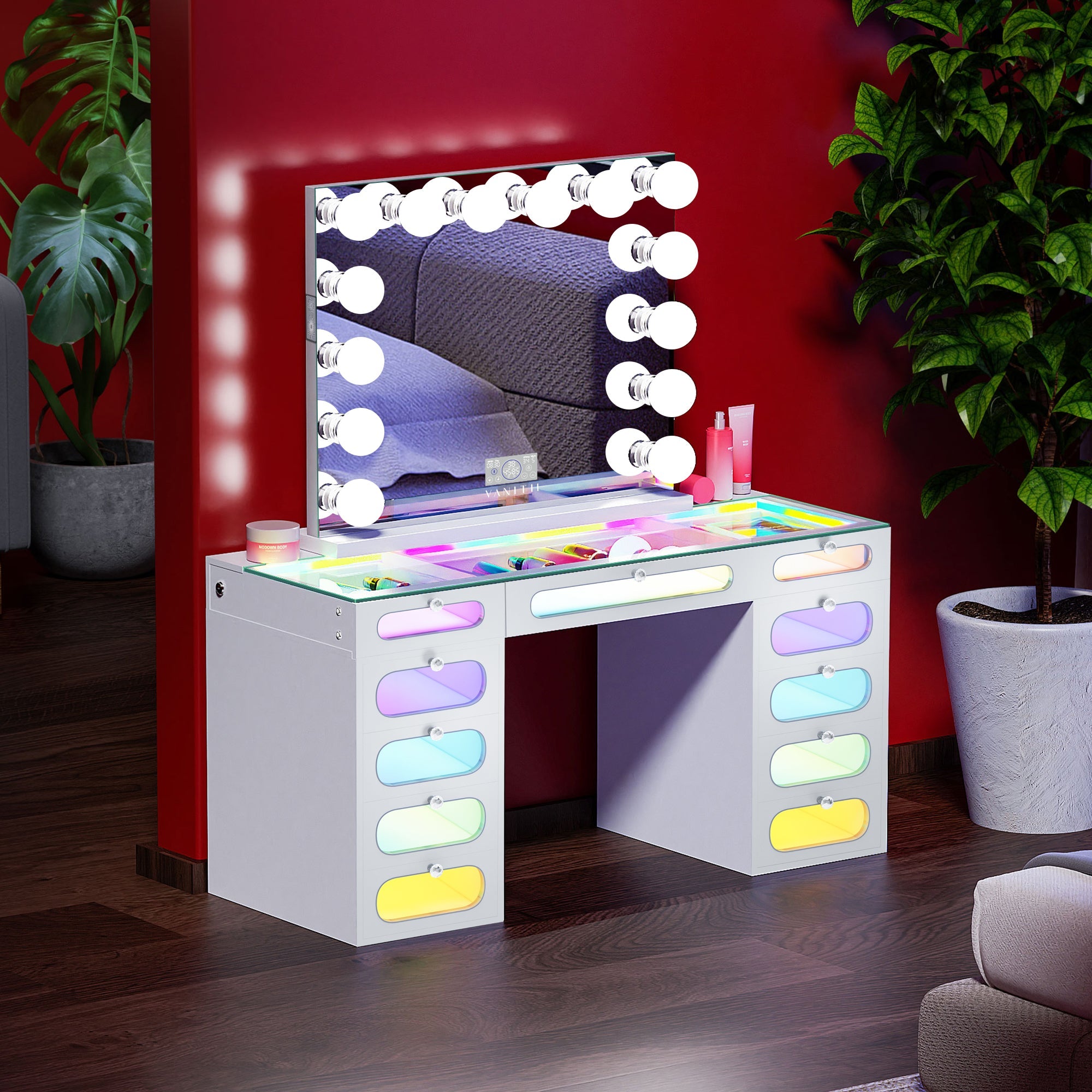 New Release ! VANITII Priscilla Vanity Desk-11 Glass Fronted Drawers Vanity Set