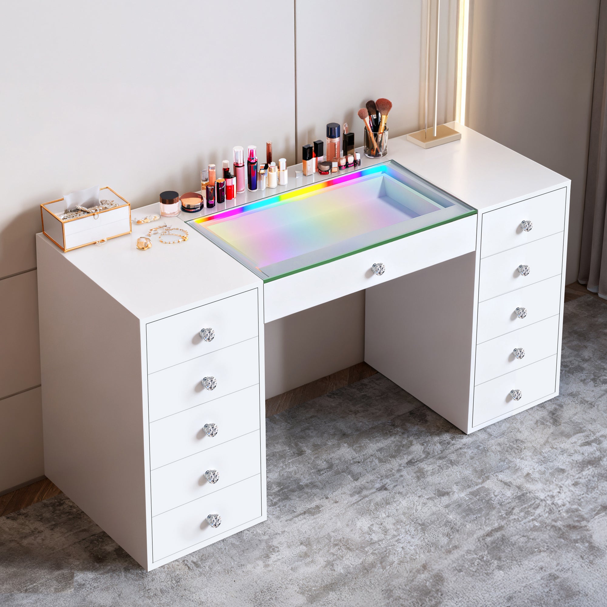 VANITII Mini Eva Vanity Desk features 11 storage drawers,RGB strip light and touch sensor controlled.The overall design is simple and white in color. Placed in the bedroom, it is both beautiful and practical.
