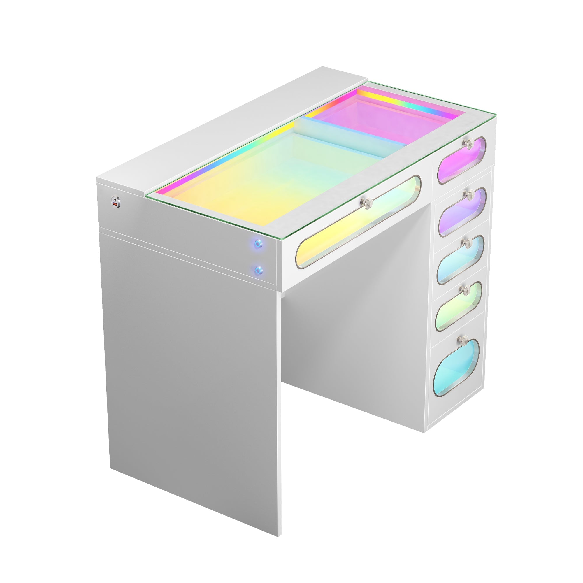 VANITII Vanity Desk features 6 storage drawers with glass-fronted,adjustable RGB light stri,built-in USB & Type-C ports for charging and so on.The overall design is simple and white in color.