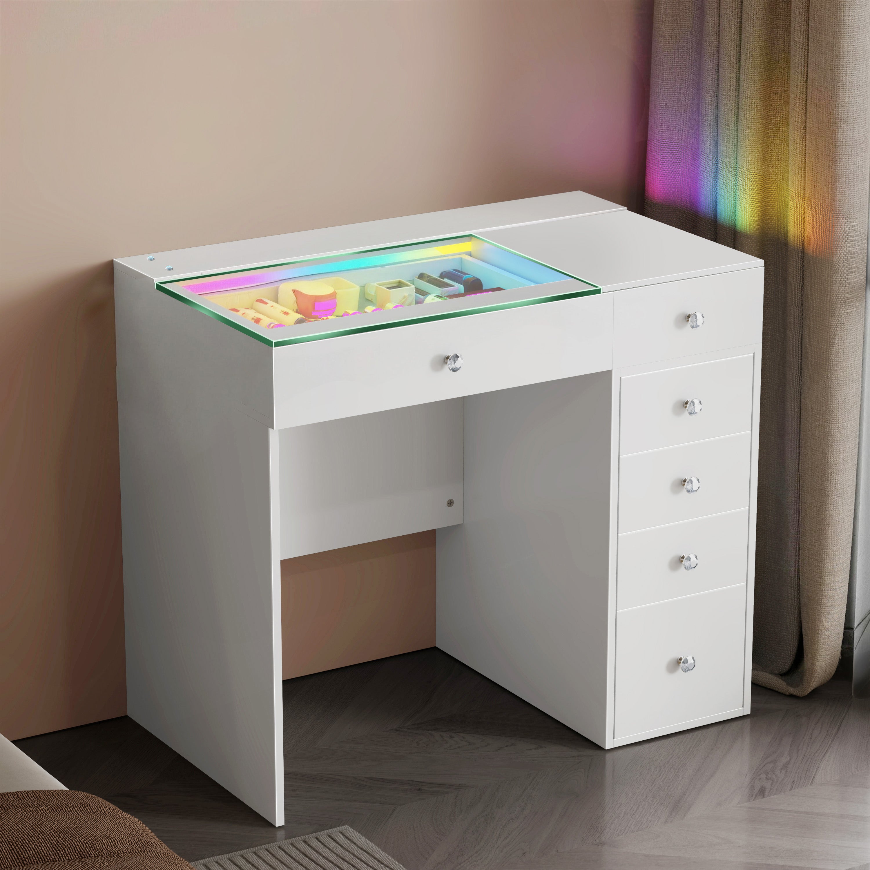 VANITII Mini Diana Vanity Desk features 6 storage drawers,RGB light strip,clear Tempered glass top.The overall design is simple and white in color.Placed in the bedroom, it is both beautiful and practical.