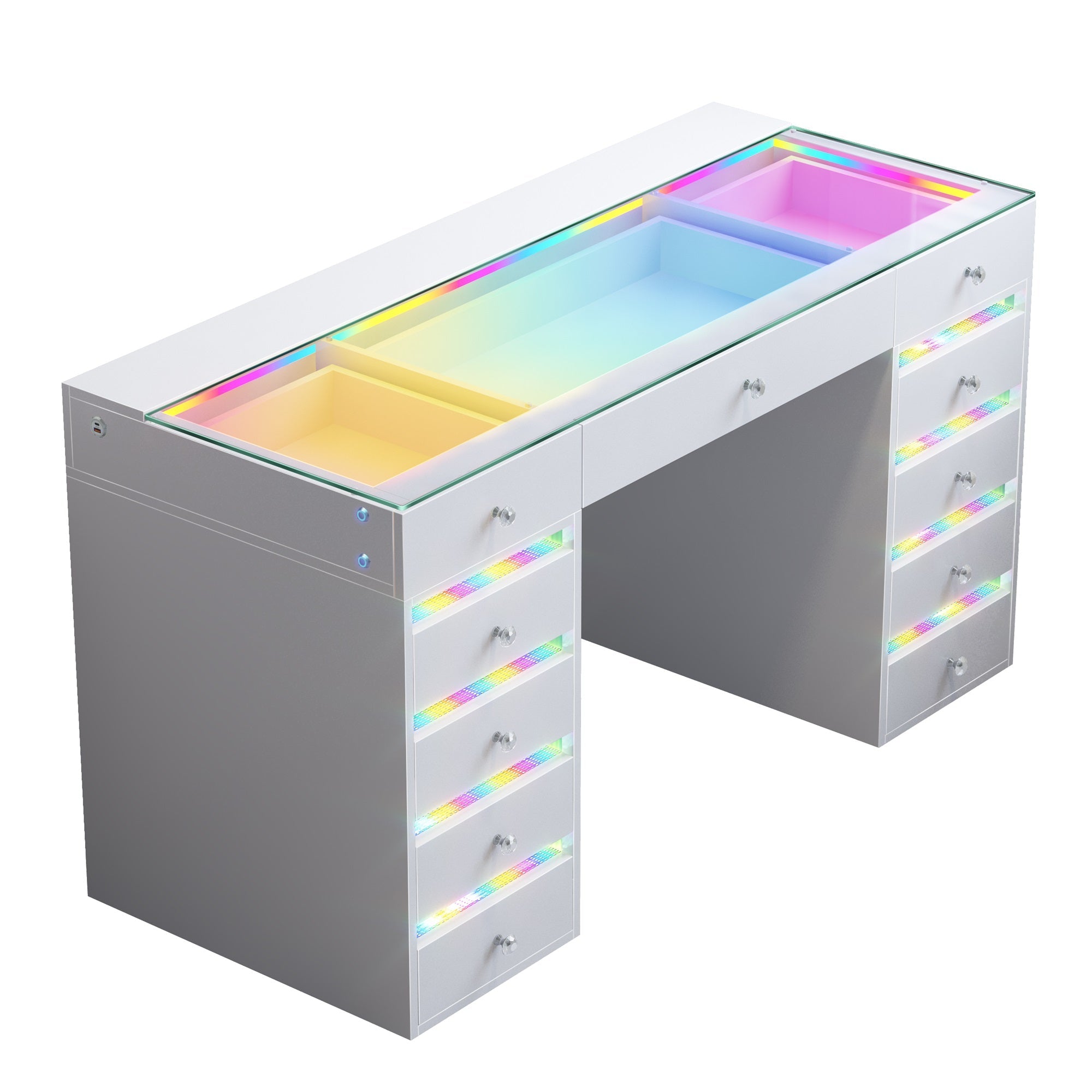 VANITII Fenair Vanity Desk features 11 storage drawers,adjustable RGB strip light,built-in USB&Type-C ports for charging and so on.The overall design is simple and white in color. 
