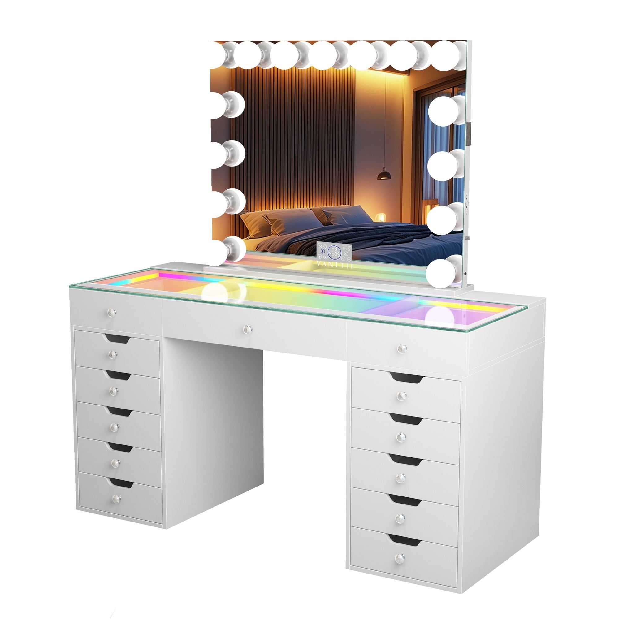 VANITII Eva-RGB Vanity Desk Set with 13 Storage Drawers and 15 Bulbs Light Mirror