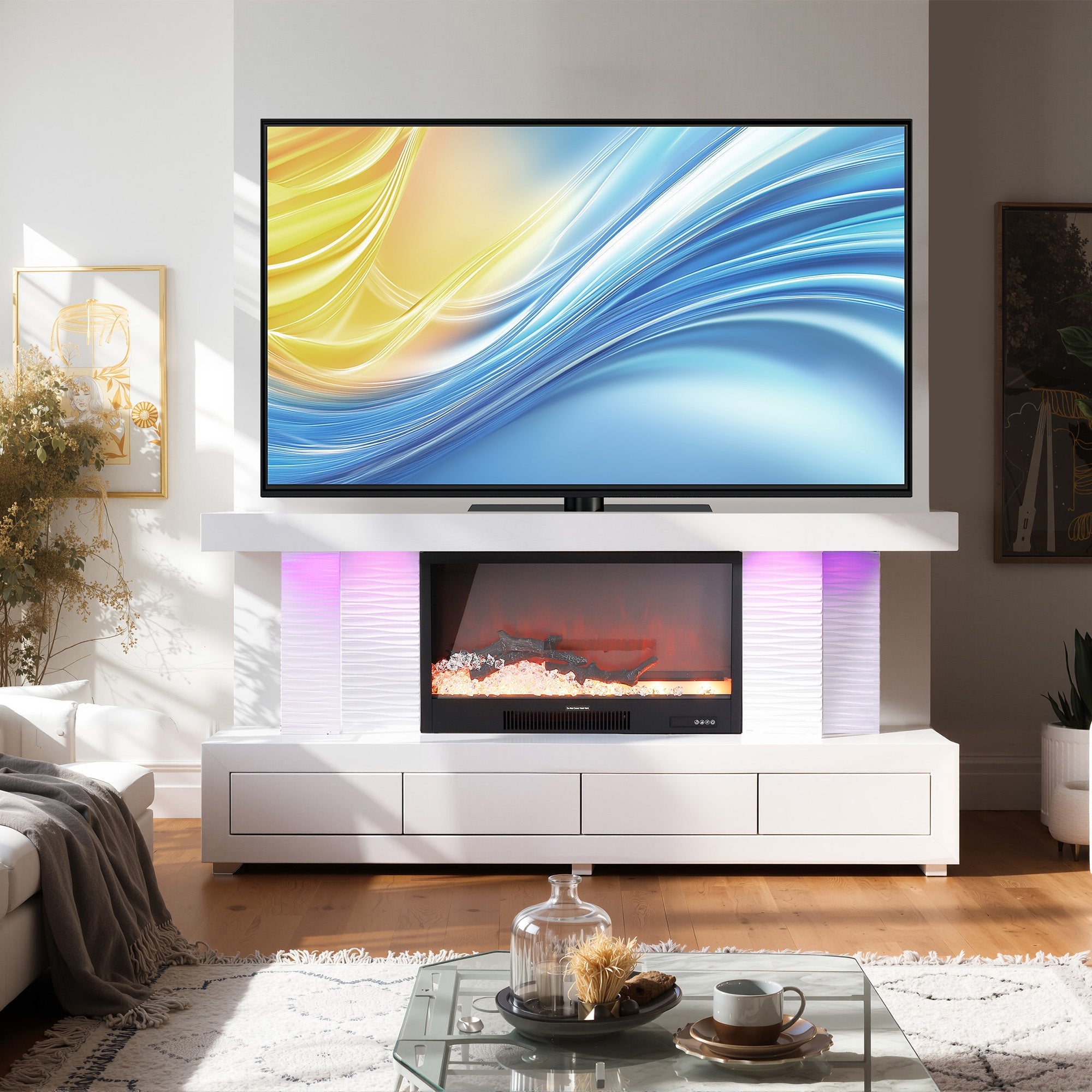 VANITII TV Stand LED Mirrored Fireplace