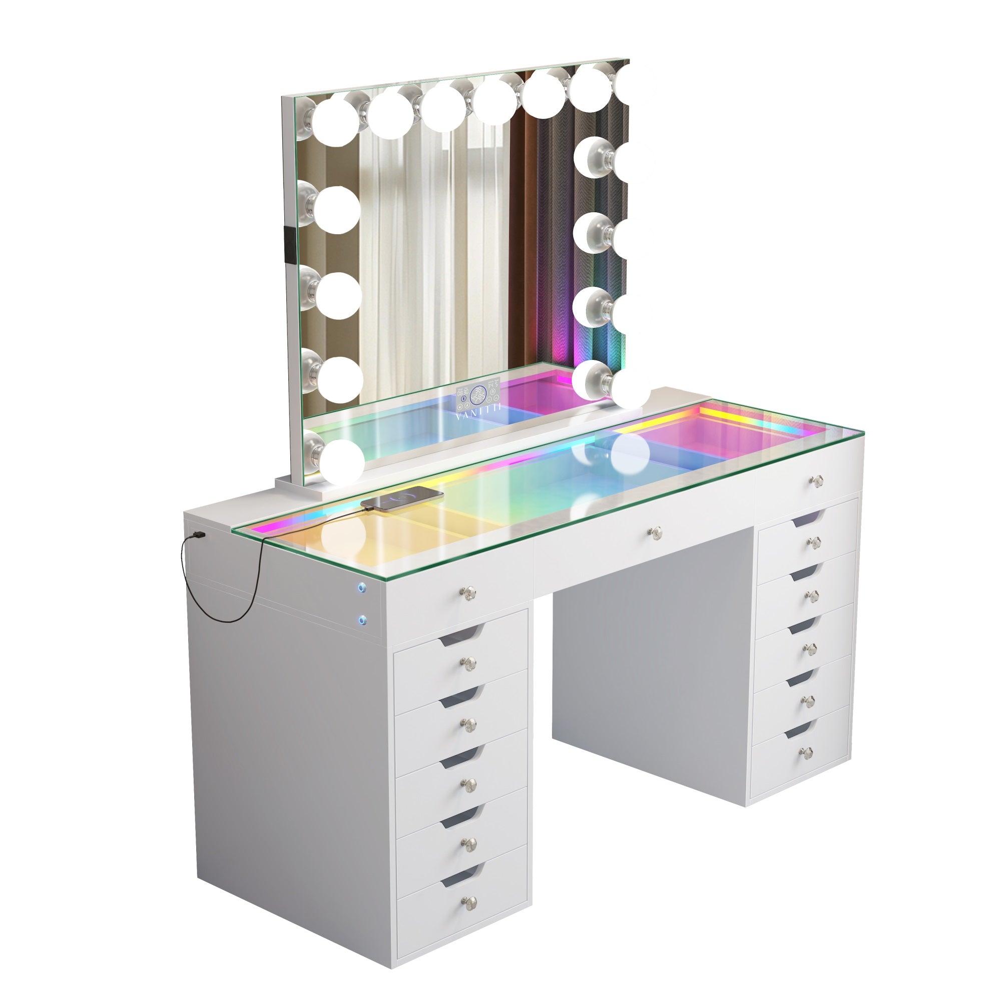 VANITII Eva-RGB Vanity Desk Set with 13 Storage Drawers and 15 Bulbs Light Mirror