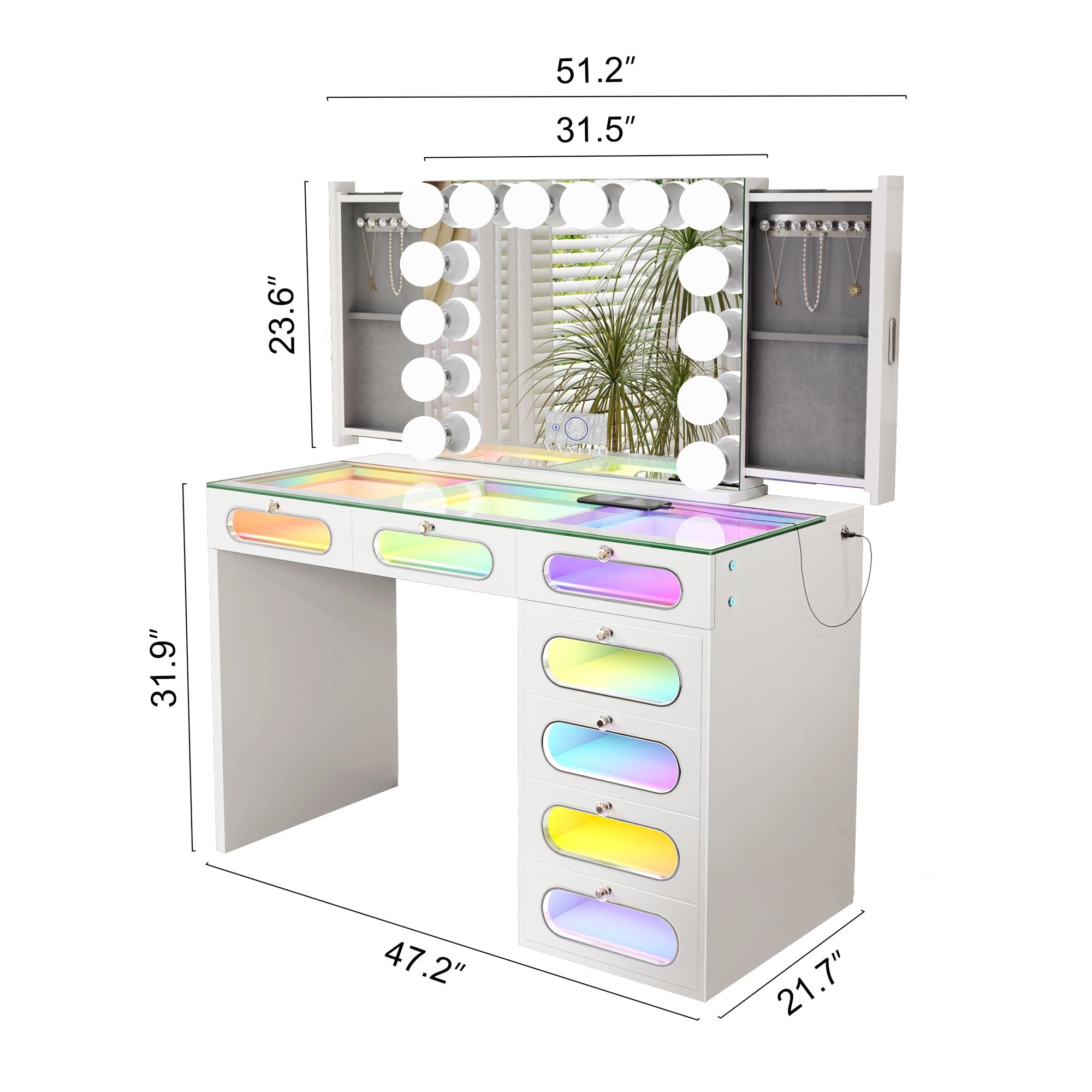 New Release ! VANITII 7 Glass Fronted Drawers with Hollywood Vanity Mirror