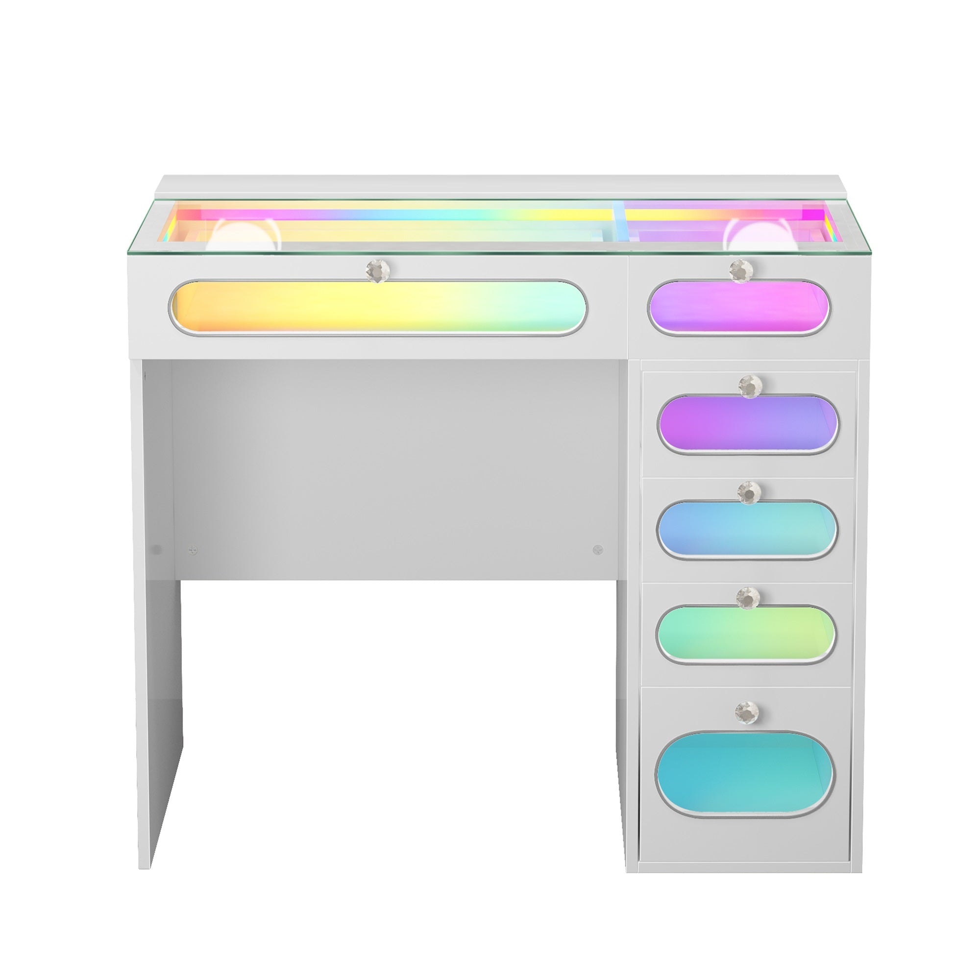 VANITII Vanity Desk features 6 storage drawers with glass-fronted,adjustable RGB light stri,built-in USB & Type-C ports for charging and so on.The overall design is simple and white in color.
