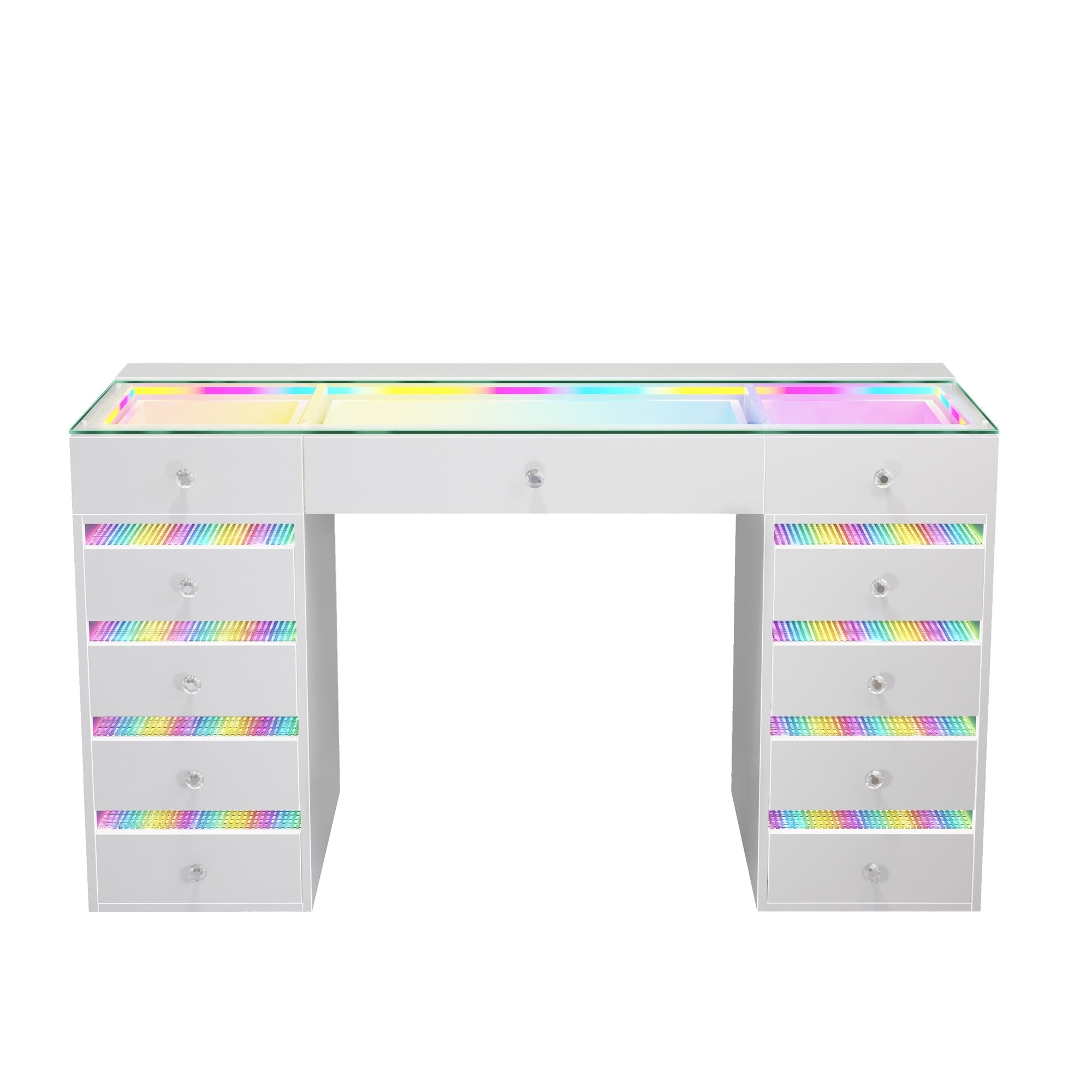 VANITII Fenair Vanity Desk features 11 storage drawers,adjustable RGB strip light,built-in USB&Type-C ports for charging and so on.The overall design is simple and white in color. 