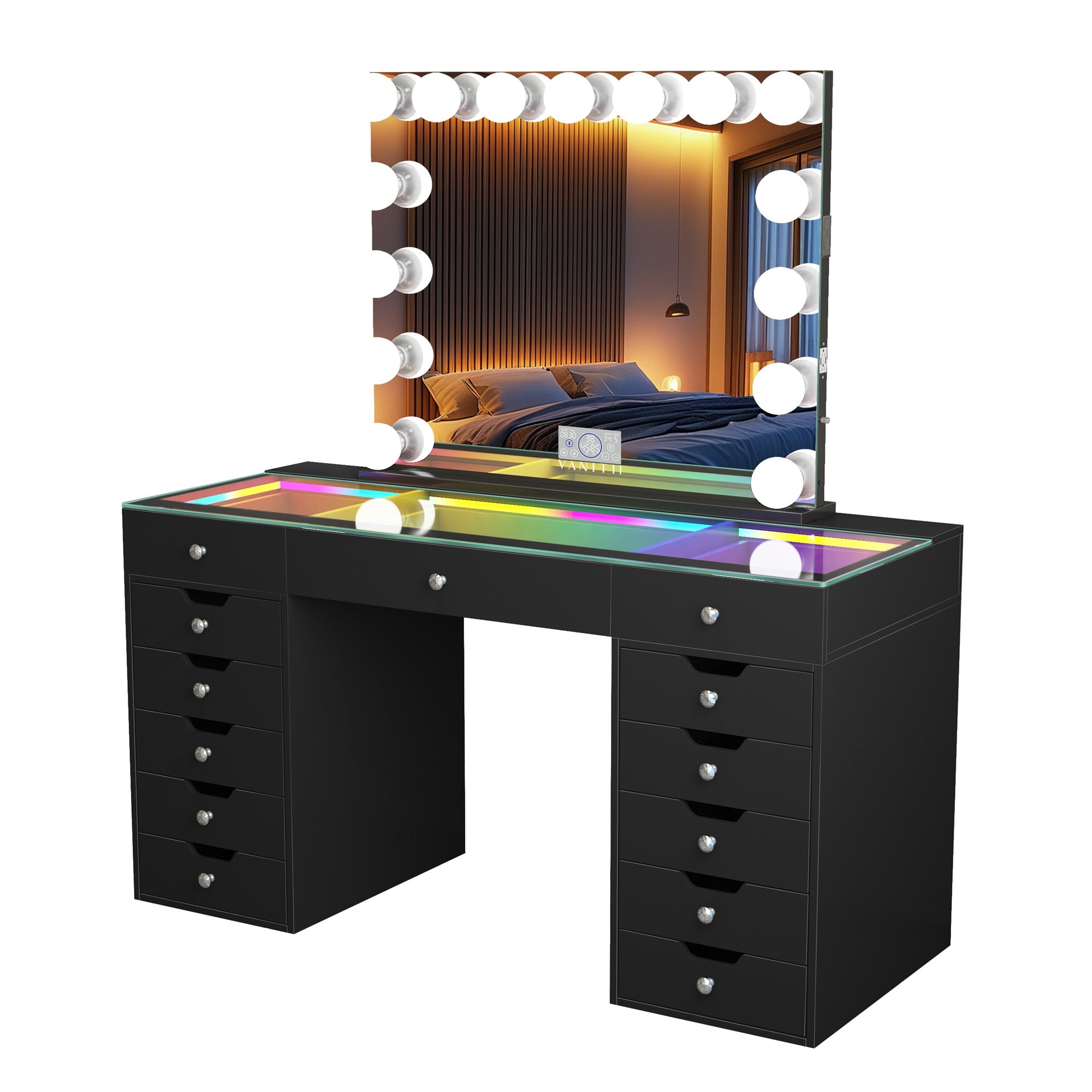 VANITII Eva-RGB Vanity Desk Set with 13 Storage Drawers and 15 Bulbs Light Mirror