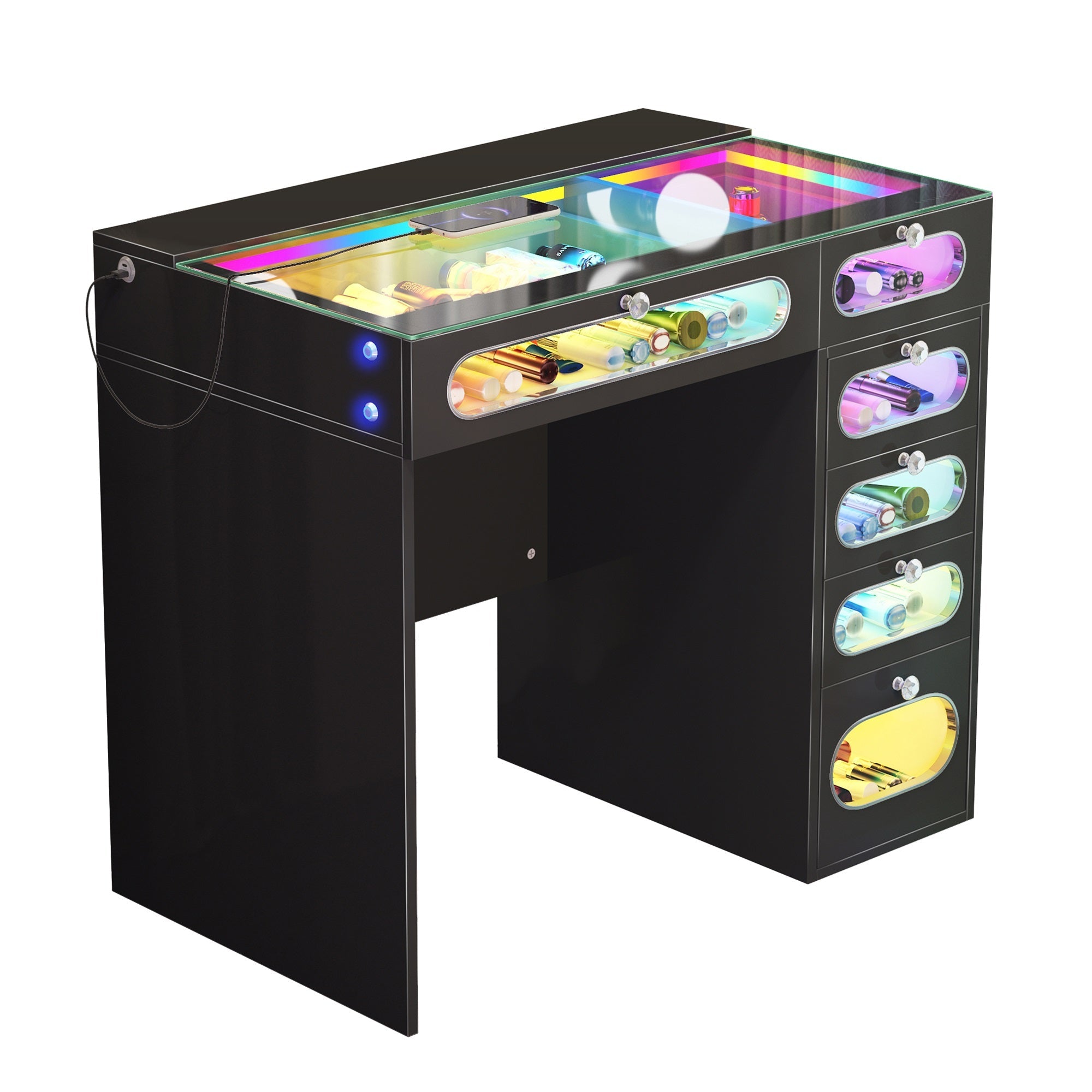 VANITII Vanity Desk features 6 storage drawers with glass-fronted,adjustable RGB light stri,built-in USB & Type-C ports for charging and so on.The overall design is simple and black in color.
