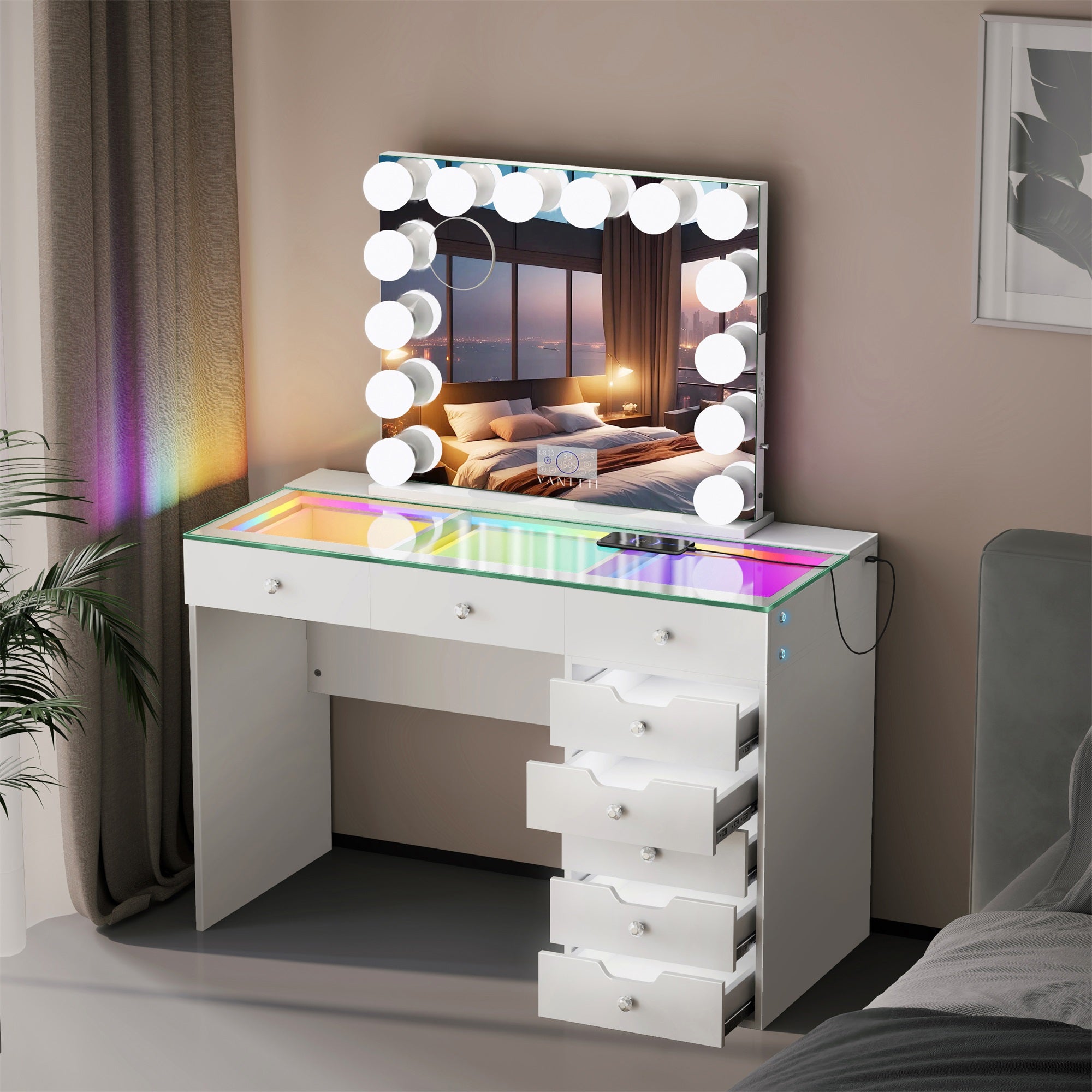 VANITII Diana 8 Drawers Vanity Desk Set with RGB and Full Light