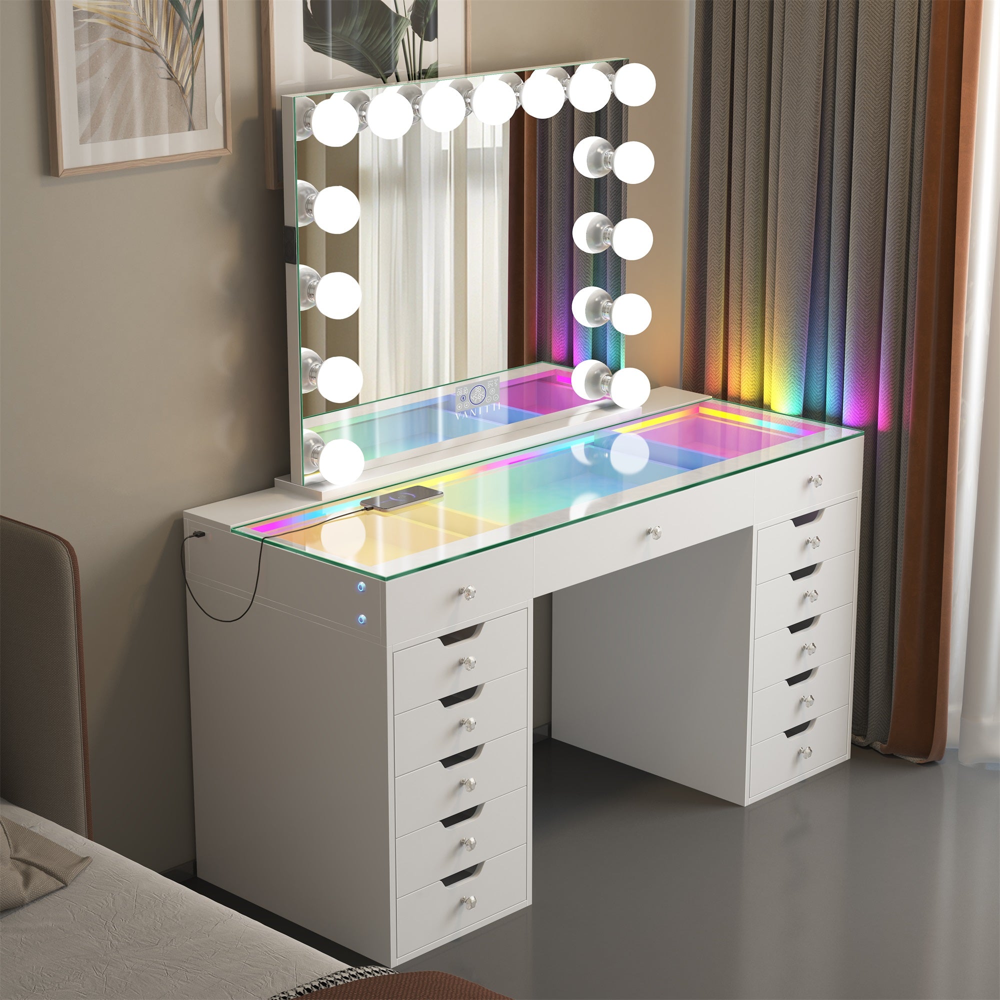 VANITII Eva-RGB Vanity Desk Set with 13 Storage Drawers and 15 Bulbs Light Mirror