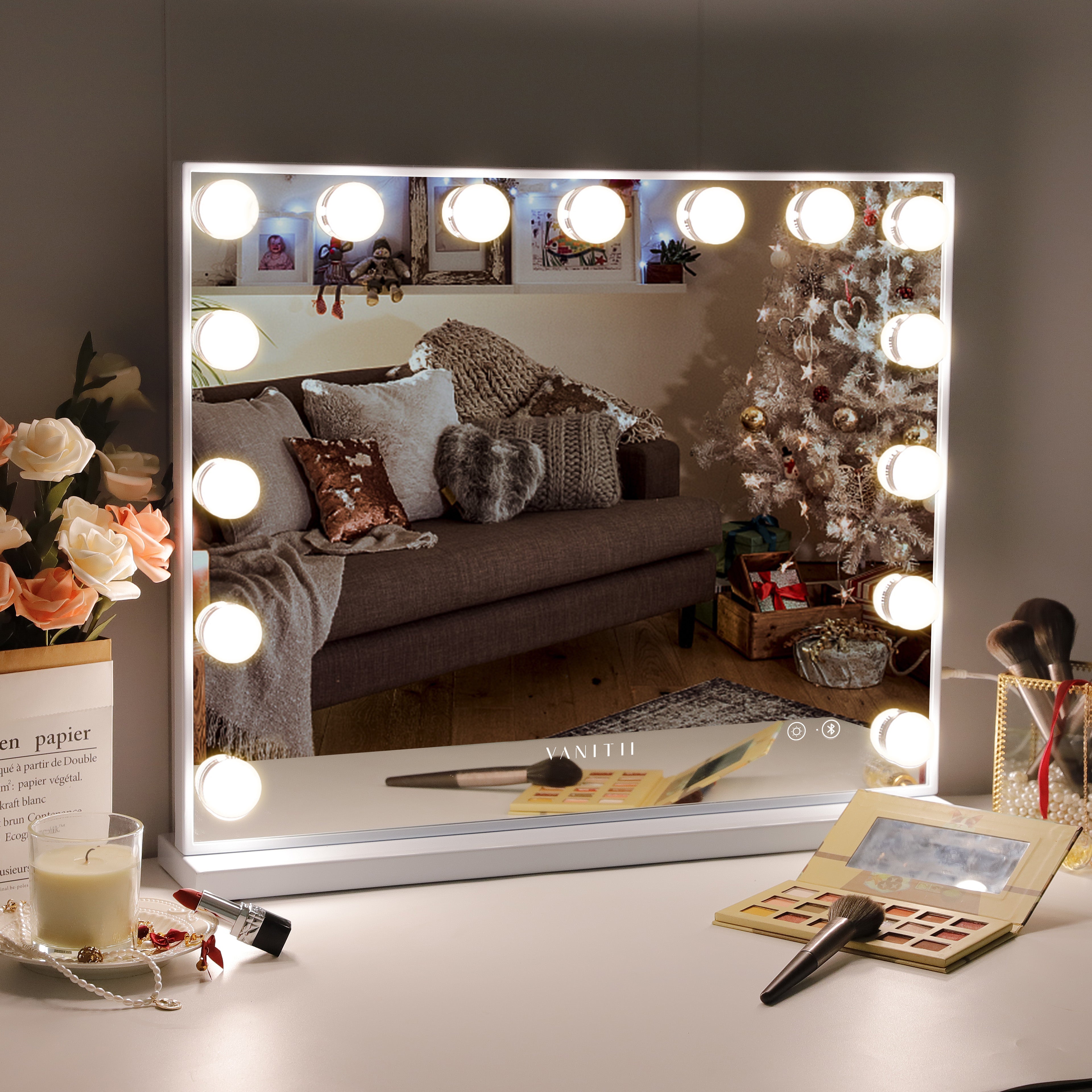 VANITII Mary Hollywood Vanity Mirror with 15 LED bulbs in a cozy setting
